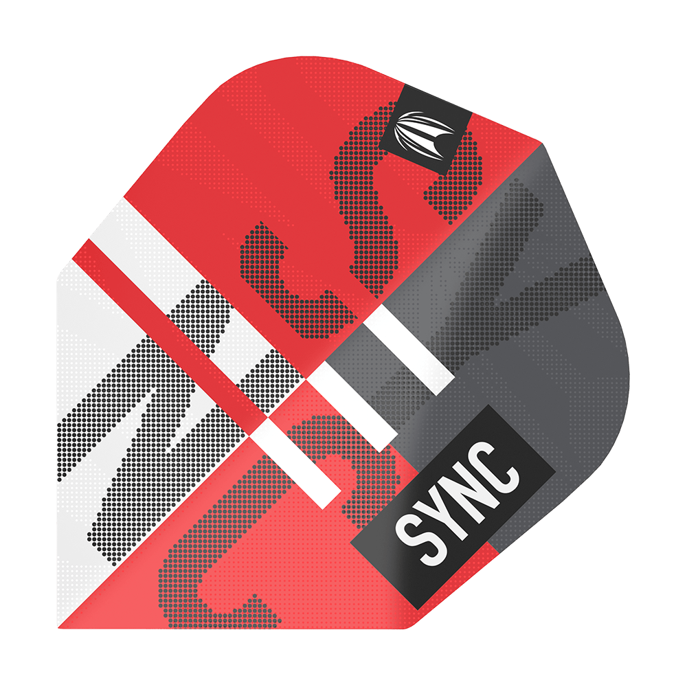 TG98_336480_Target_ProUltra_Sync_No6_Flights_1YFmL6Knb7WwQa Das Bild zeigt das Produkt "Target ProUltra Sync No6 Flights". Das Design ist überwiegend rot, grau und weiß mit dem Wort "SYNC" darauf.