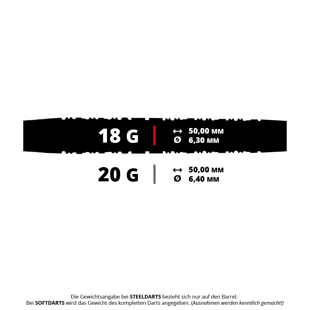 Harrow's Damon Heta Series 3 miękkie lotki Das Bild zeigt zwei verschiedene Dartspezifikationen mit den Gewichten 18 g und 20 g. Die Länge beträgt jeweils 50,00 mm, der Durchmesser ist 6,30 mm bei 18 g und 6,40 mm bei 20 g.