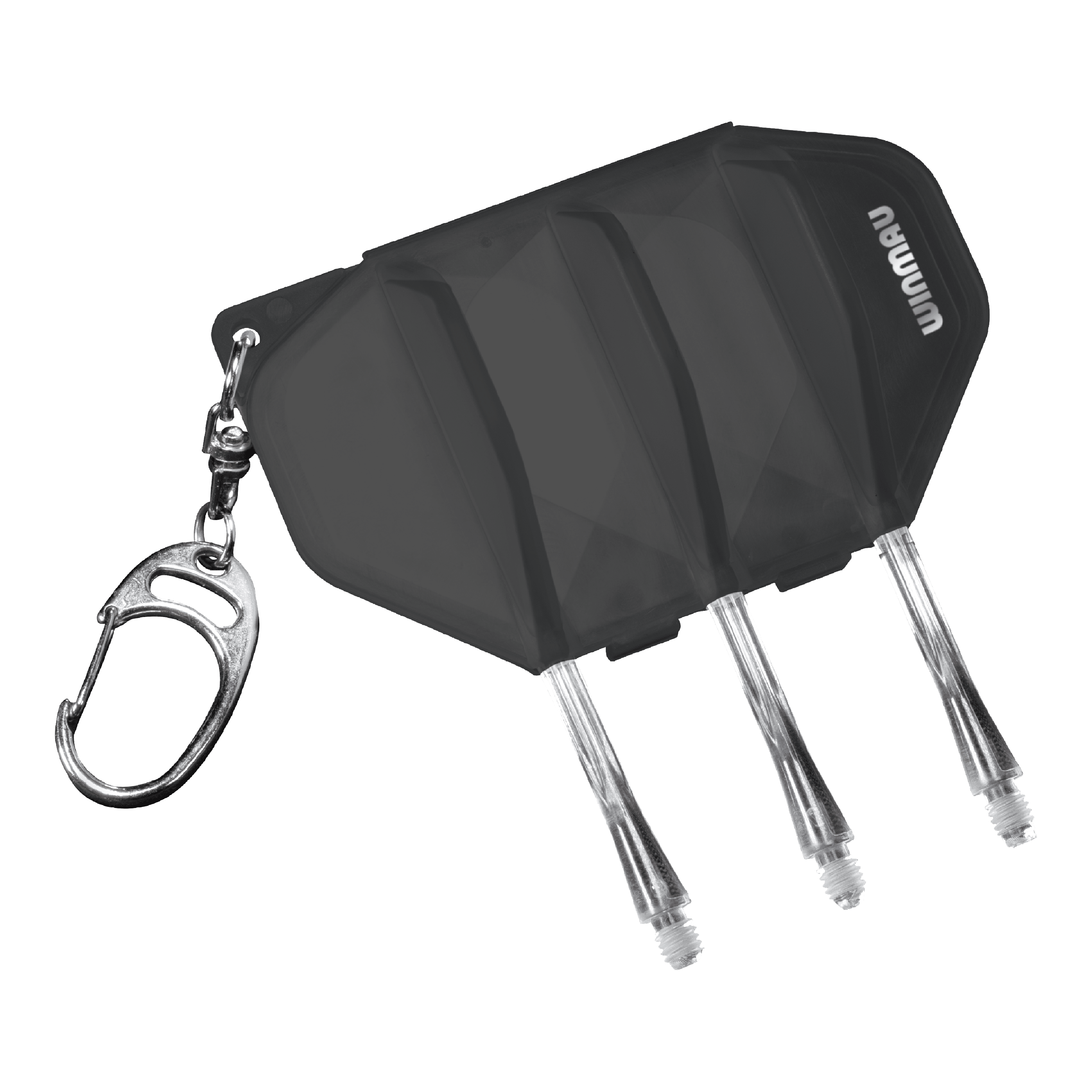 Futerał lotniczy Winmau Fusion - przezroczysty czarny Das Bild zeigt das Winmau Fusion Flightcase in der Farbe Clear Black. Es besitzt einen Schlüsselanhänger und Platz für Darts-Flights und -Shafts.