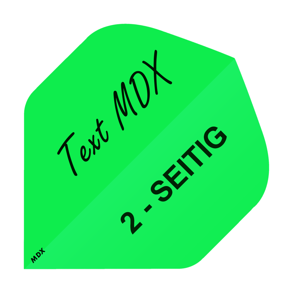 MD-403_2-Seitig_Bedruckte_Flights_Wunschtext_MDX_Gr-n_Standard_1 Das Bild zeigt einen grünen Dart-Flight mit schwarzem Aufdruck. Auf dem Flight steht "Text MDX" und "2-SEITIG".