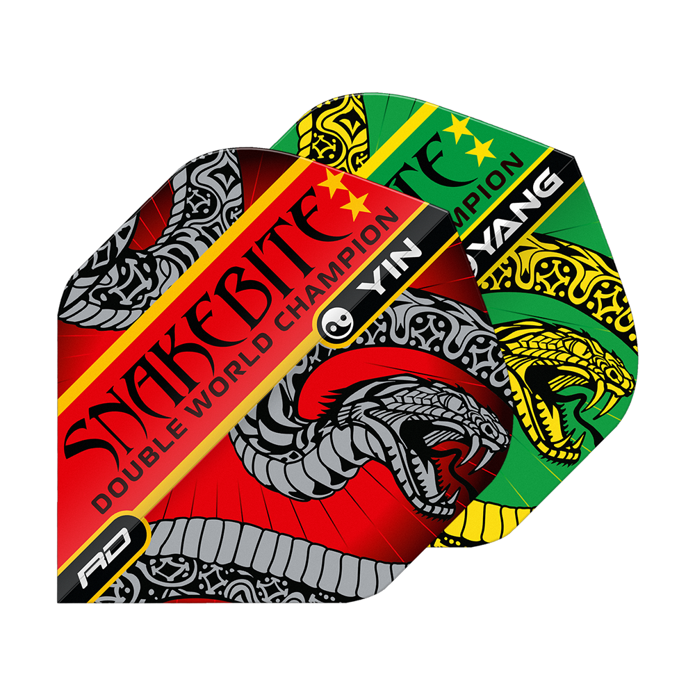 Red Dragon Peter Wright Ukąszenie Węża Czerwony Zielony Yin Yang Standardowe Loty Auf dem Bild sind zwei bunte Dart-Flights mit Schlangenmotiven zu sehen. Die Flights tragen die Aufschrift "Snakebite Double World Champion" und haben die Farben Rot und Grün.