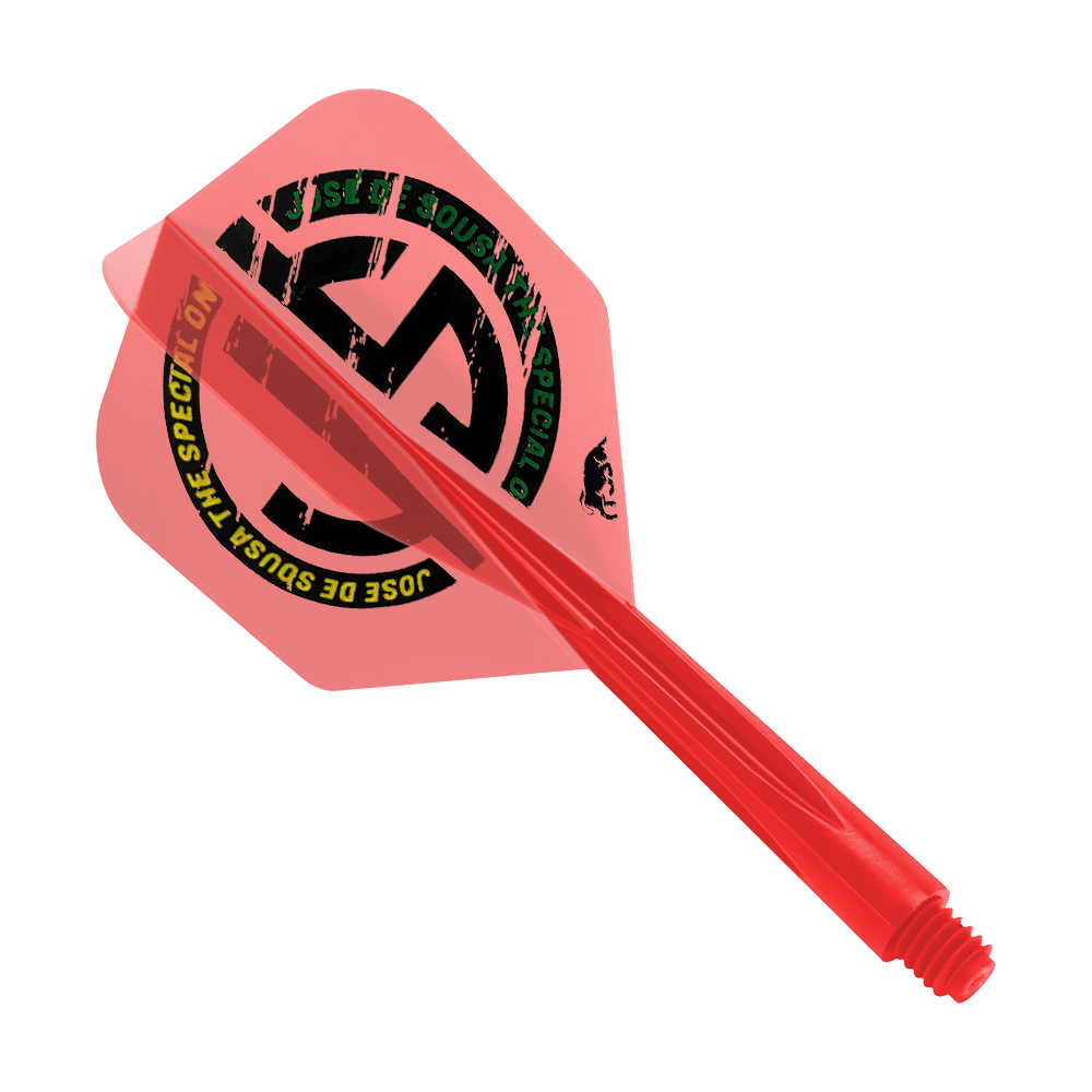 Condor AX Jose De Souza Special One Inspiration Flight System – Czerwony – Mały Das Bild zeigt ein rotes Dartflight-System mit der Aufschrift "Jose De Sousa The Special One". Es handelt sich um das Modell "Condor AXE Jose De Souza Special One Inspiration Flight-System" in der Größe Small.