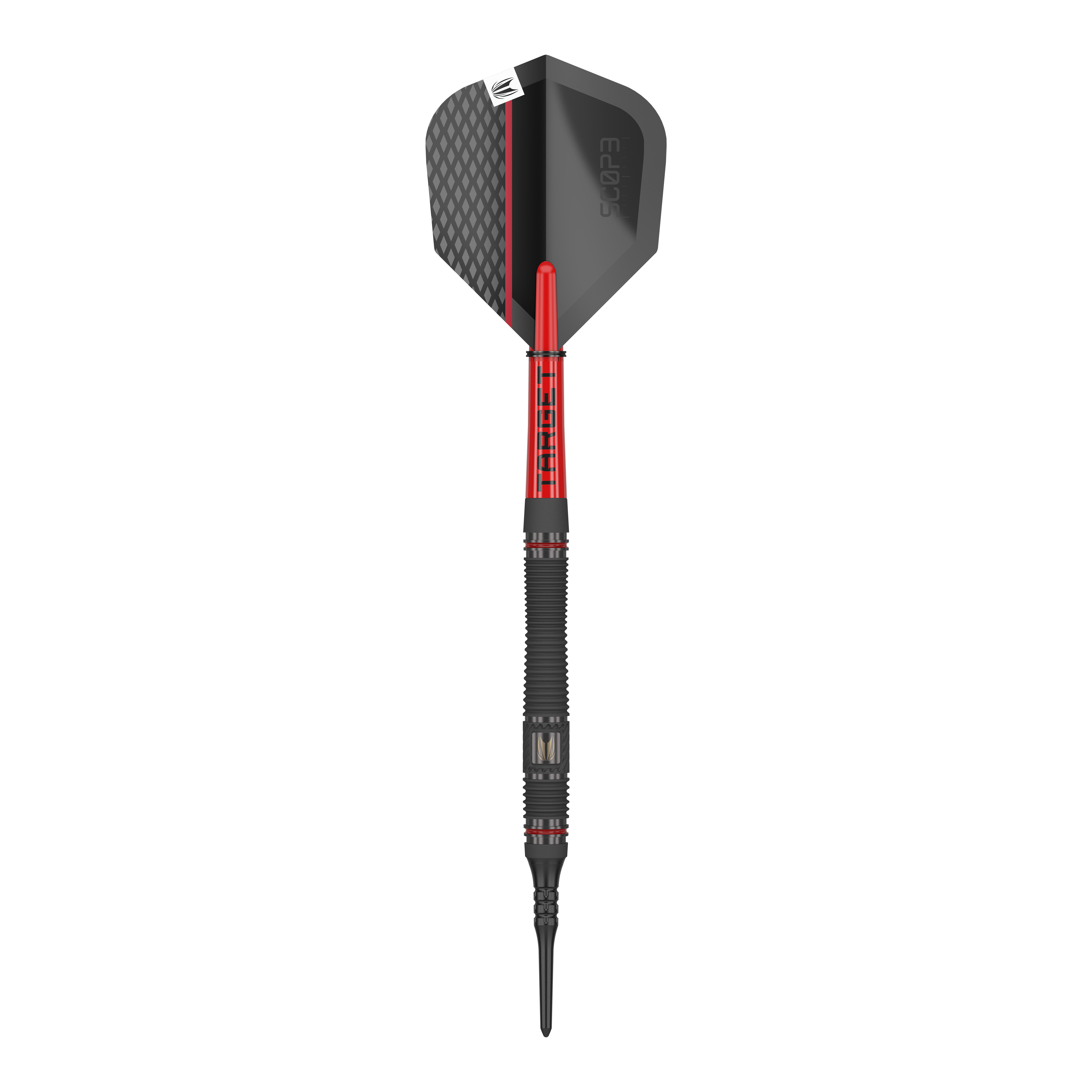Targetownik 11 miękkich rzutek Das Bild zeigt einen Softdart namens "Target Scope 11 Softdarts". Der Dart ist schwarz und rot mit einem modernen Design und einer strukturierten Oberfläche.