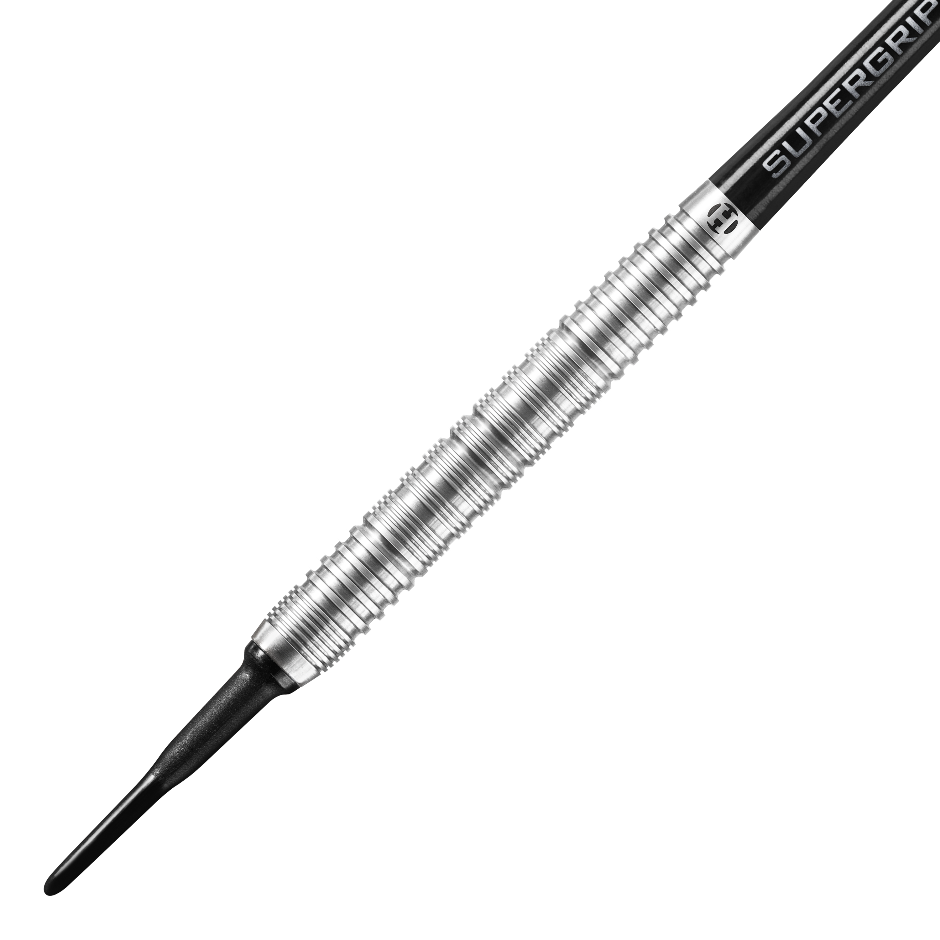 Harrows sterujące równoległe Softdarts Das Bild zeigt einen Harrows Control Parallel Softdart mit einem silbernen, gerillten Barrel. Der Dart hat eine schwarze Kunststoffspitze und einen Schaft mit der Aufschrift "Supergrip".