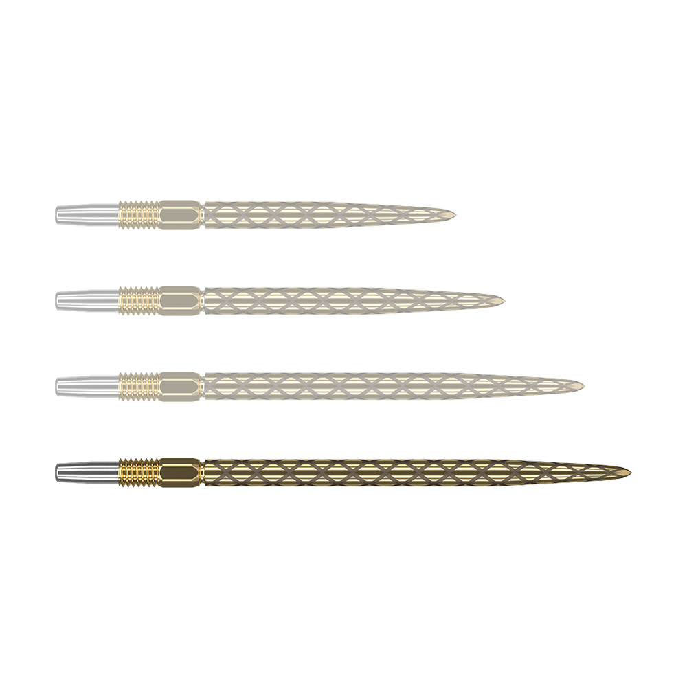 Końcówki do lotek Target Swiss Diamond Pro Gold Das Bild zeigt vier goldfarbene Dartspitzen mit einem rautenförmigen Muster. Die Spitzen liegen parallel nebeneinander auf einem grünen Hintergrund.