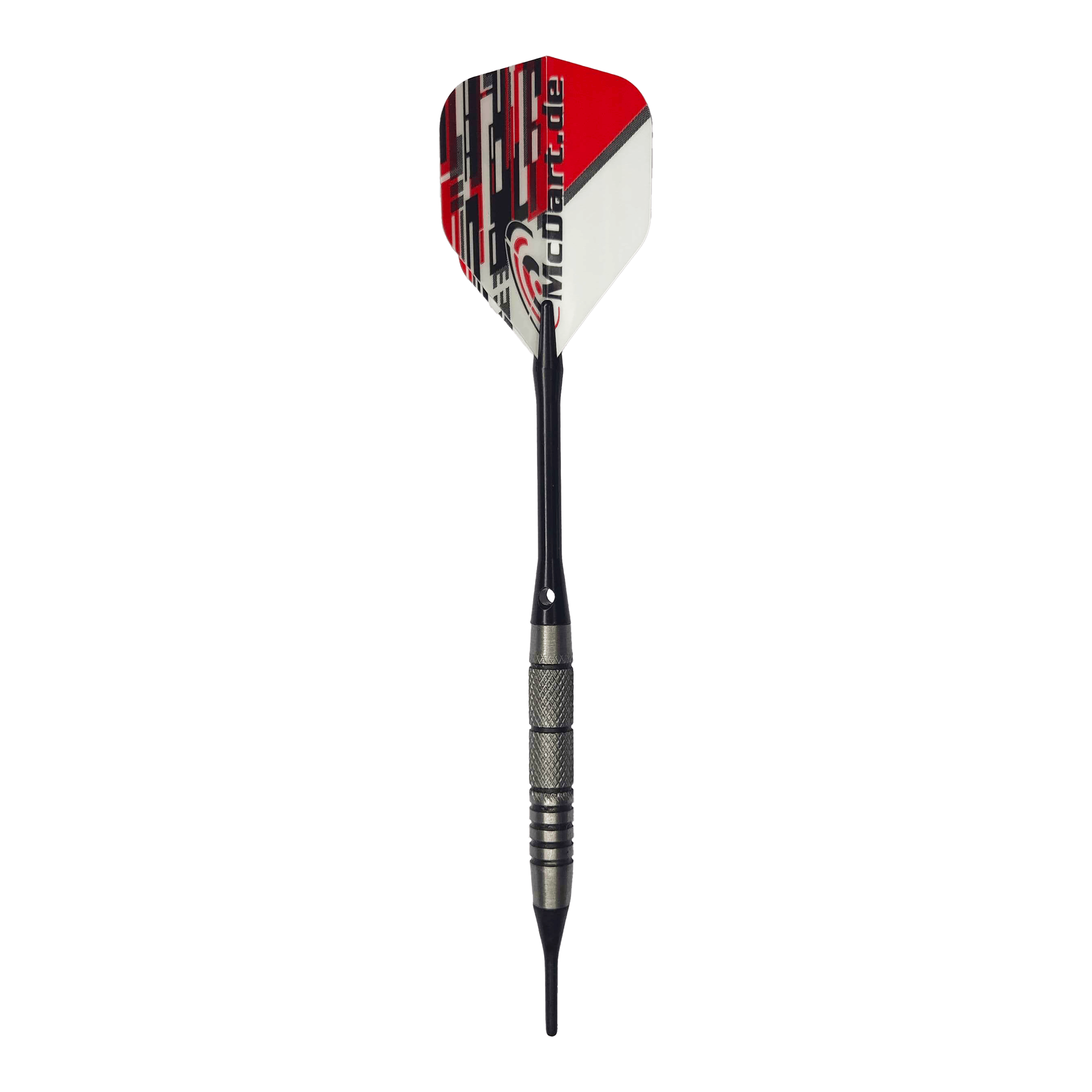 Lotki miękkie McDart 85 Tungsten V9 - 17,5 g Das Bild zeigt einen McDart 85er Tungsten V9 Softdart mit einem Gewicht von 17,5g. Der Dart hat eine schwarz-silberne Spitze und Schaft sowie ein Flight in Rot, Weiß und Schwarz mit der Aufschrift "McDart.de".