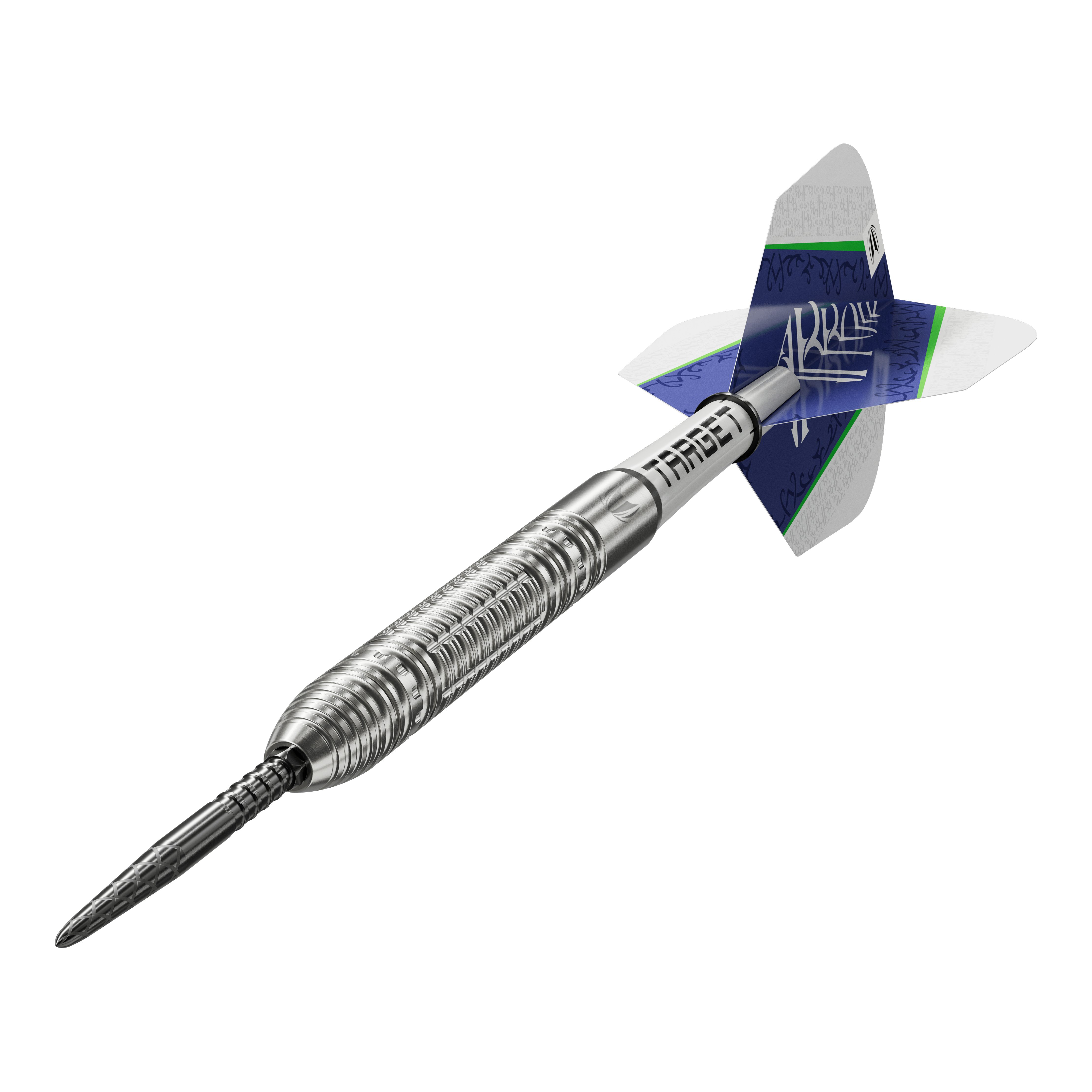 Lotki stalowe Target Shane McGuirk GEN1 Swiss Point - 23g Das Bild zeigt den Target Shane McGuirk GEN1 Swiss Point Steeldart mit einem Gewicht von 23g. Der Dart hat ein silbernes, geriffeltes Barrel und blaue Flights mit weiß-grünen Akzenten.