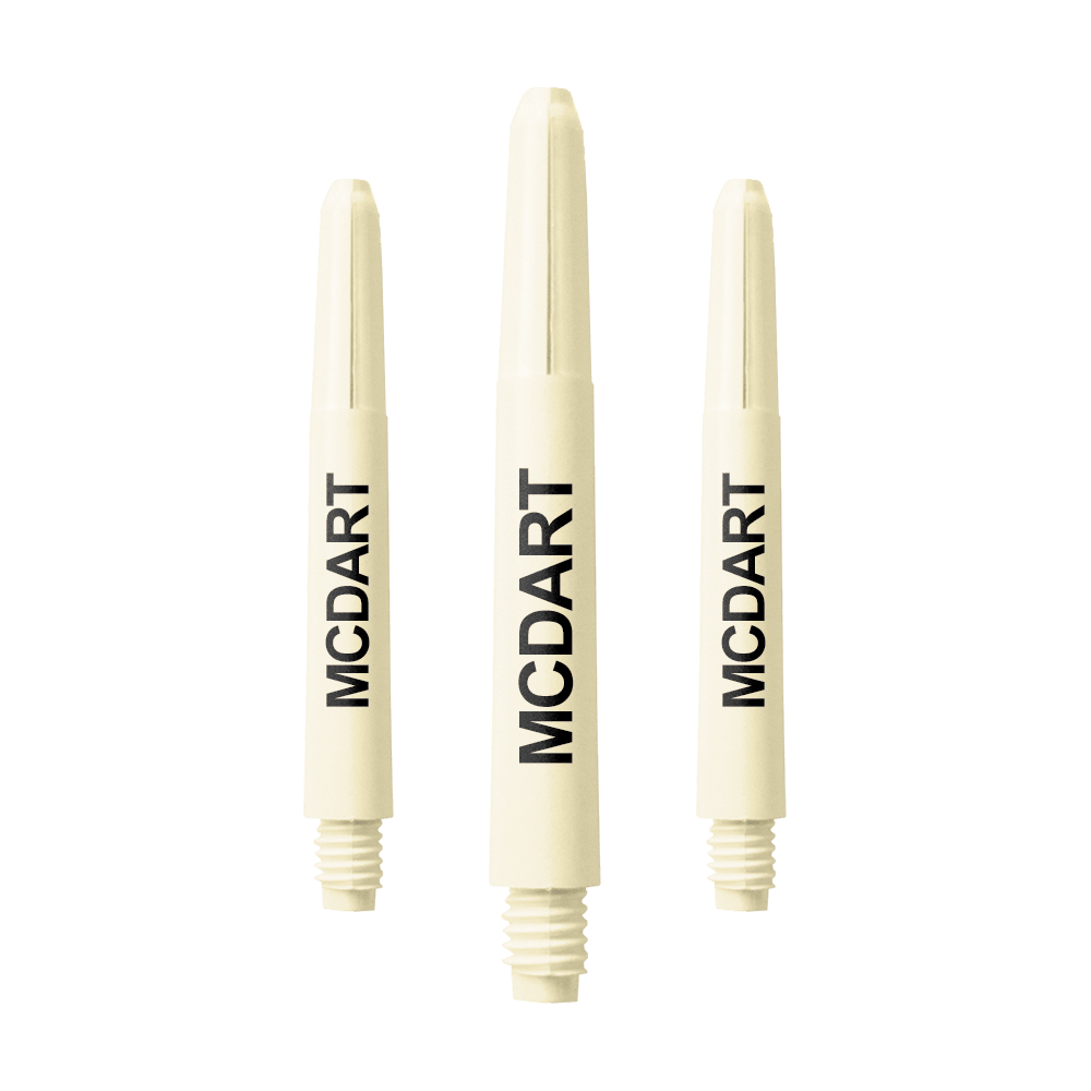MD-606_Nylon_Shafts_mit_Wunschdruck_Naturweiss_40mm_1 Auf dem Bild sind drei naturweiße Nylon-Dartschäfte mit Gewinde zu sehen. Auf jedem Schaft steht in schwarzer Schrift das Wort "MCDART".