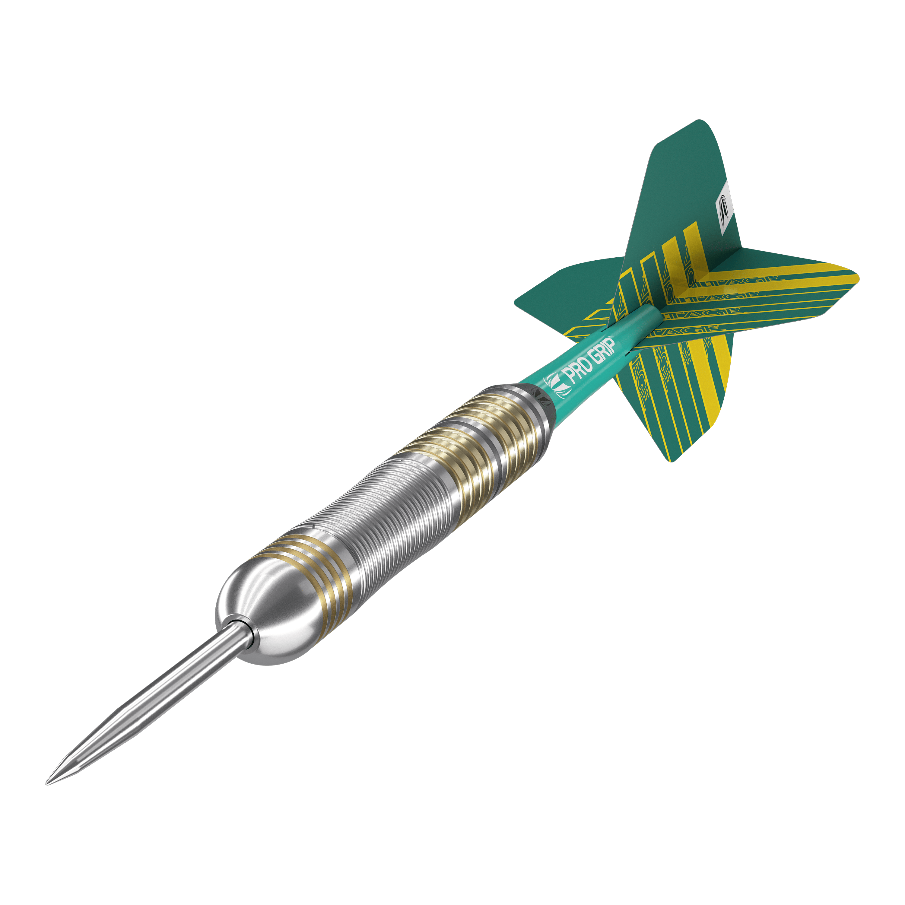 Target Rob Cross Brass Steeldarts - 22g Das Bild zeigt einen Target Rob Cross Brass Steeldart mit einem Gewicht von 22g. Der Dartpfeil hat einen silbernen Schaft mit goldenen Akzenten und grüne Flights.