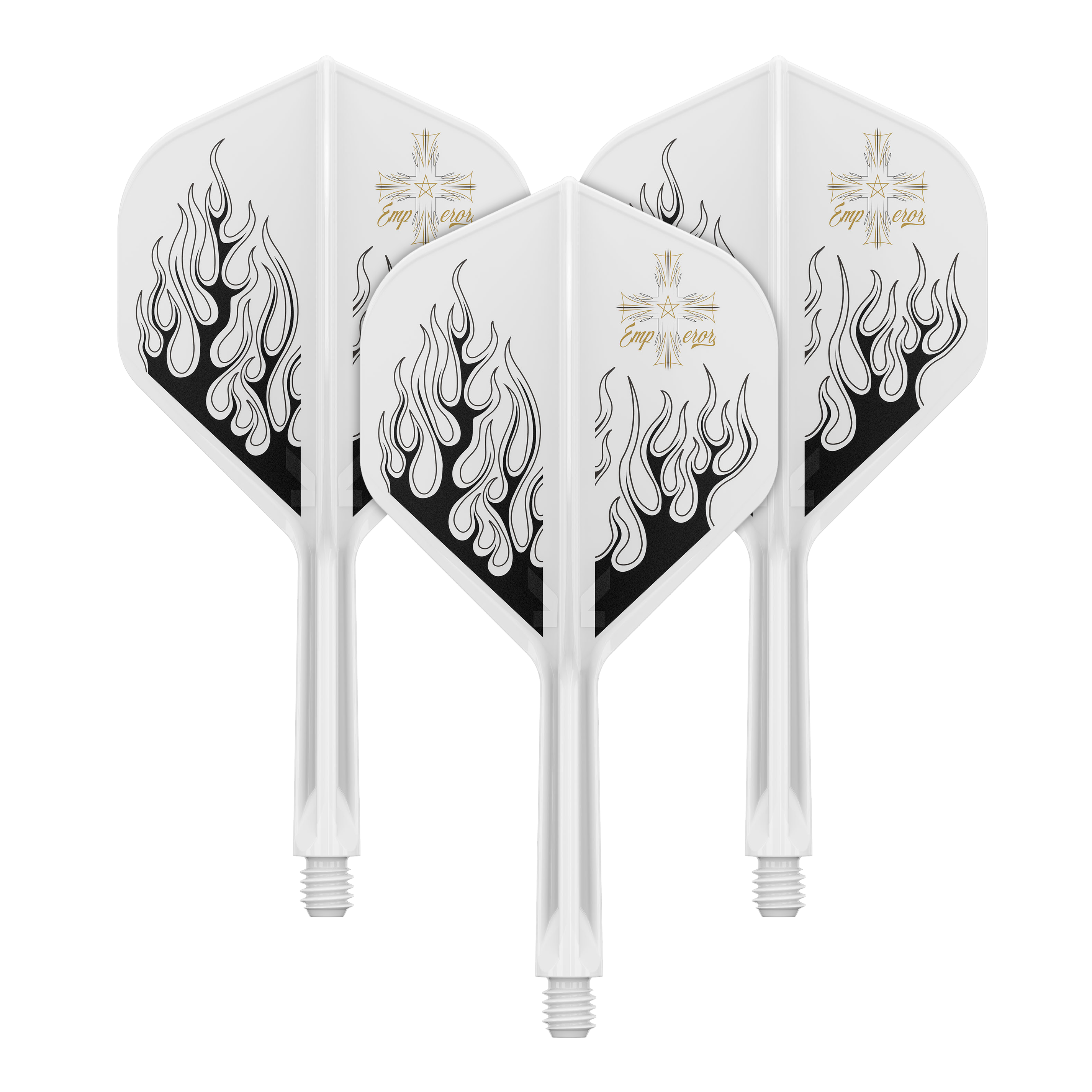 Das Bild zeigt drei weiße Dartflights mit schwarzem Flammendesign. Oben auf den Flights steht in Goldschrift das Wort „Emperors“.