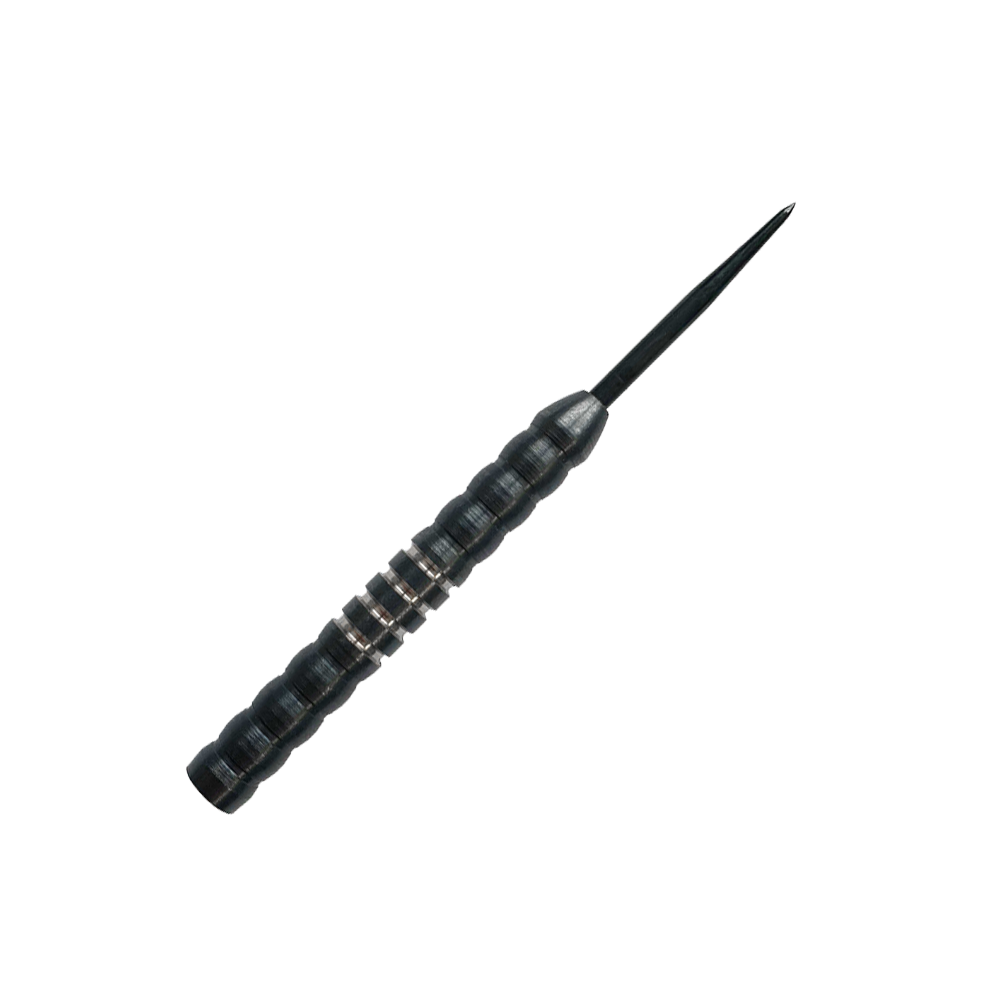 Stalowe beczki do rzutek McDart Midnight V1 Das Bild zeigt einen McDart Midnight V1 Steeldart Barrel. Der Barrel ist schwarz mit silbernen Ringen und hat eine strukturierte Oberfläche für besseren Halt.