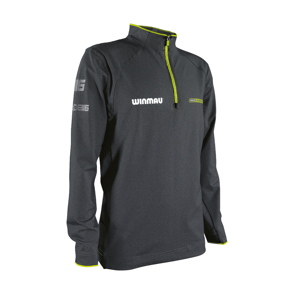 8409_Winmau_Michael_Van_Gerwen_Alpine_Top_Longsleeve_1_NEU Das Bild zeigt ein langärmliges, dunkelgraues Oberteil mit gelben Akzenten und einem Reißverschluss am Kragen. Auf der Vorderseite steht „Winmau“ und auf dem Ärmel sind zusätzliche Schriftzüge zu sehen.
