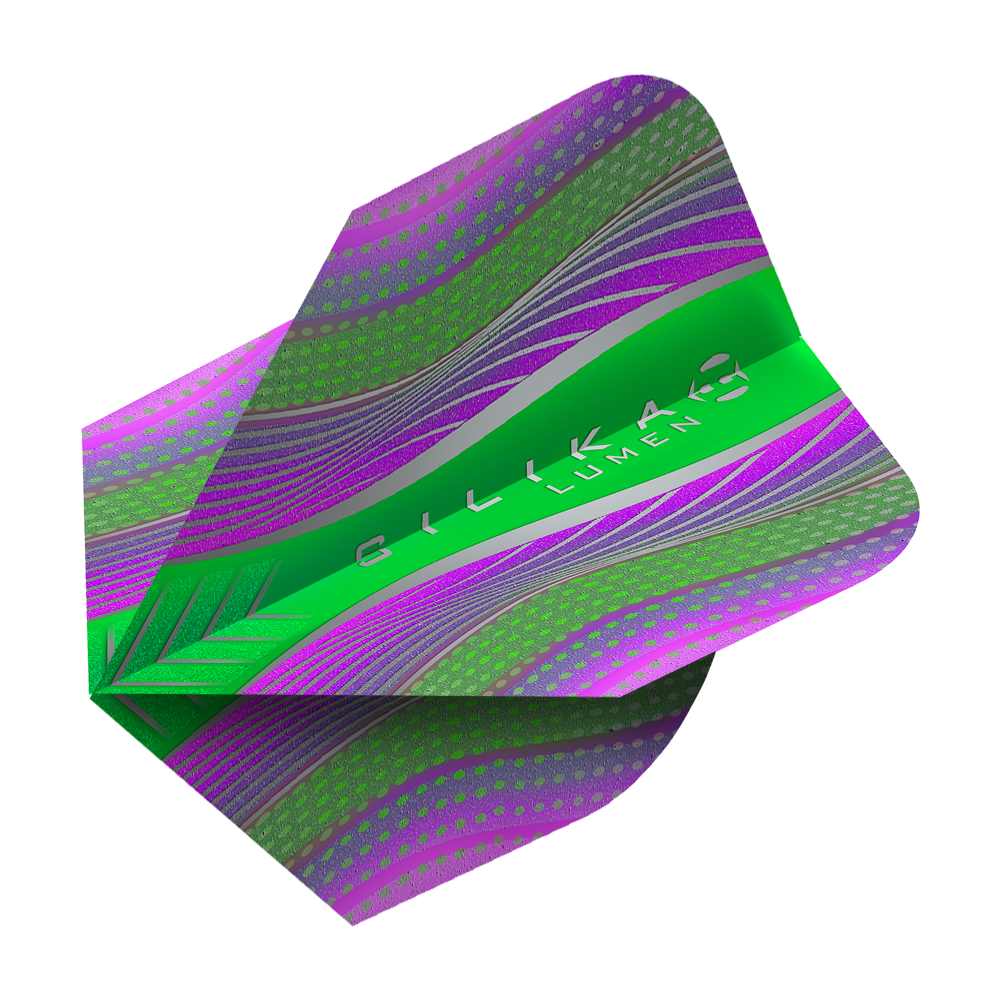 HF5125_Harrows_Silikia_Lumen_Purple_Green_No6_Flights_2 Dies ist ein Harrows Silika Lumen Purple Green No6 Flight. Das Flight ist grün und lila mit wellenförmigem, modernem Design.