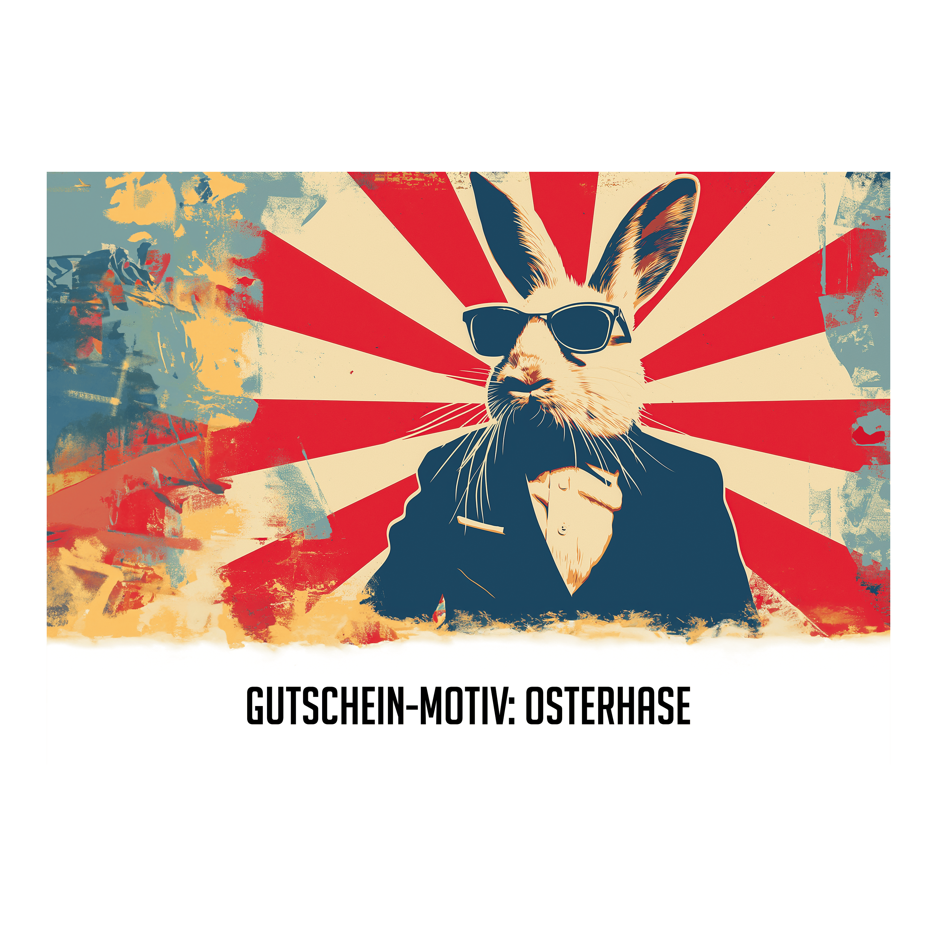Das Bild zeigt einen stilisierten Osterhasen im Anzug und mit Sonnenbrille vor einem bunten Hintergrund. Unten steht der Text: "GUTSCHEIN-MOTIV: OSTERHASE".
