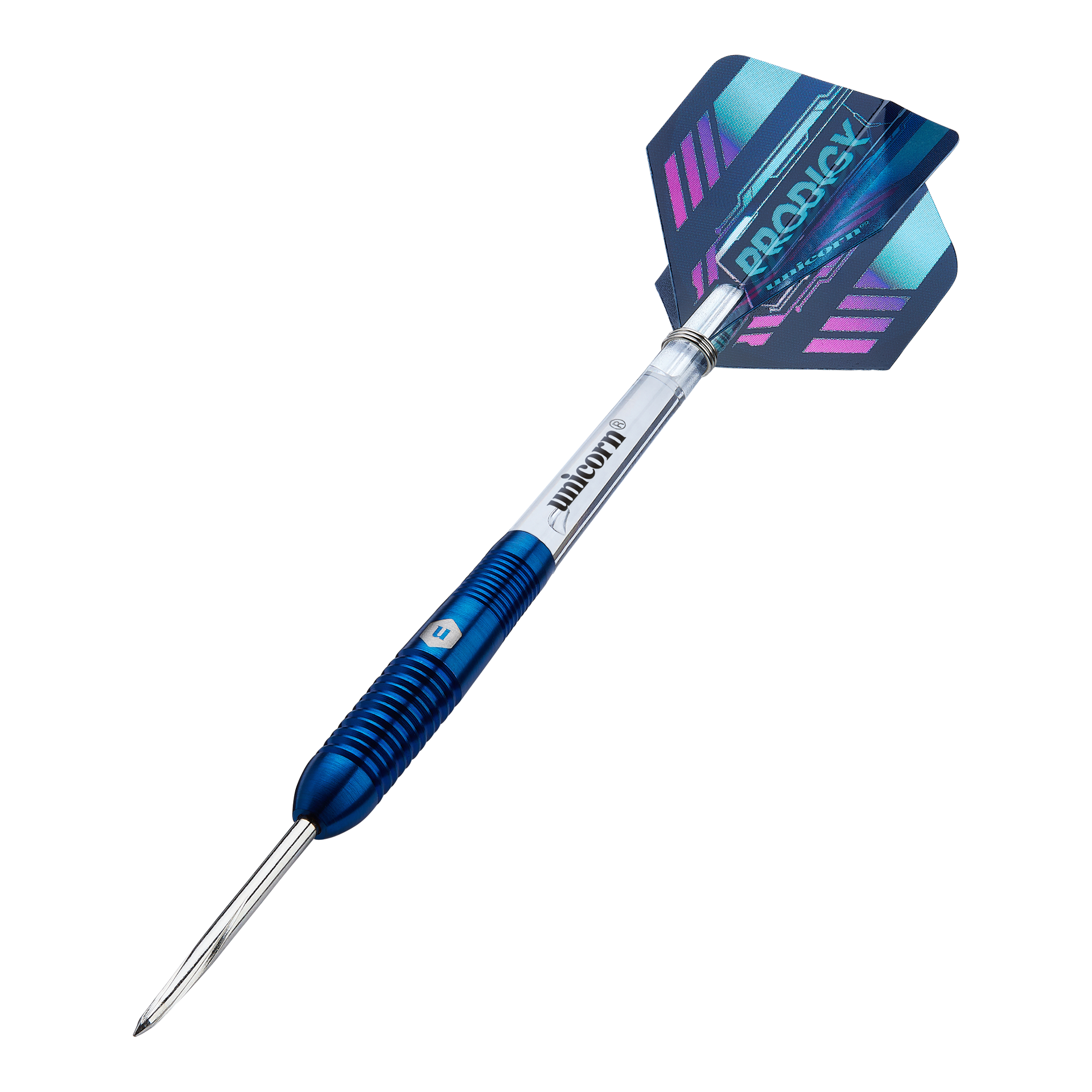 Unicorn Prodigy 02 Torpedo Steeldarts Das Bild zeigt einen Unicorn Prodigy 02 Torpedo Steeldart. Der Dartpfeil hat ein blaues und silbernes Design mit einer farbigen Flights-Feder am Ende.