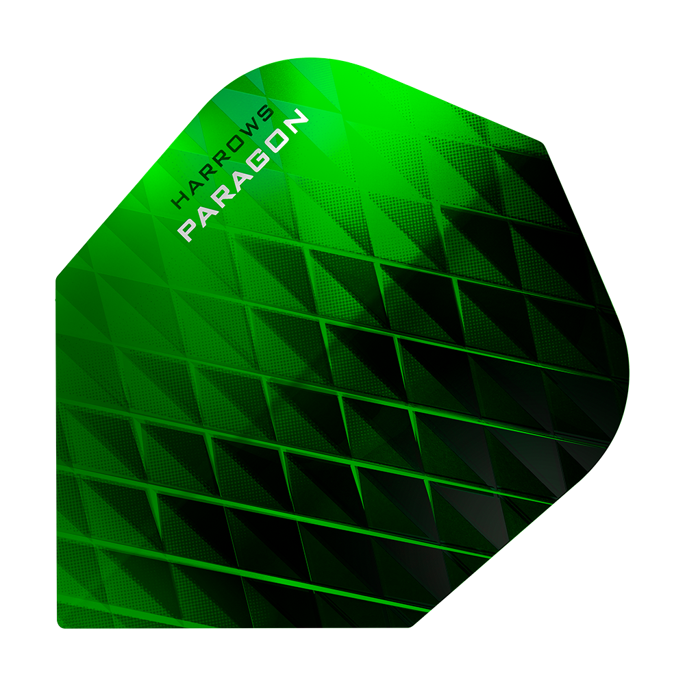 HR7600_Harrows_Paragon_Green_No2_Standard_Flights_1 Dies ist ein Harrows Paragon Green No2 Standard Flight. Er hat ein grünes, geometrisches Muster mit schwarzem Akzent.