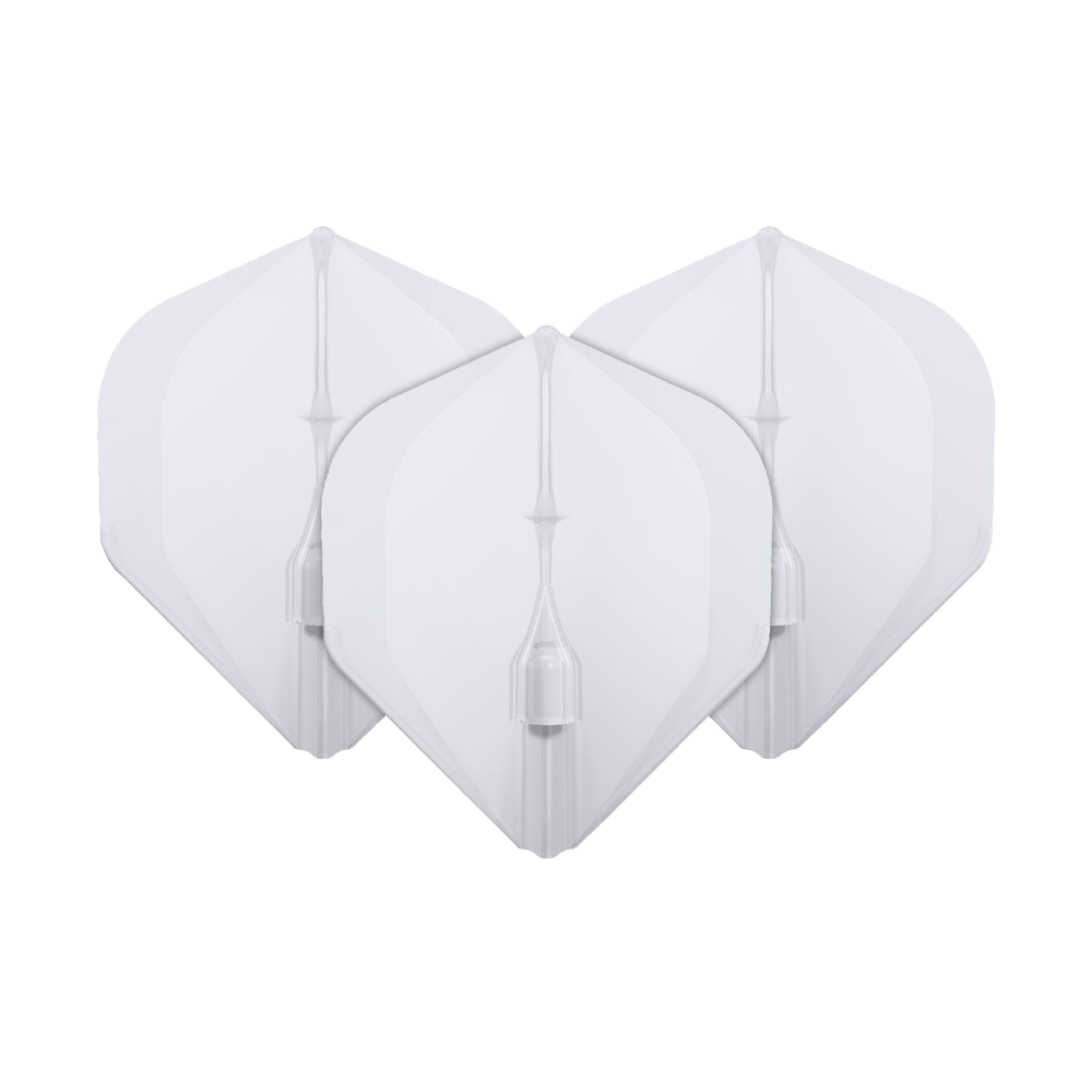 L-Style Champagne L1EZ Standard Flights Das Bild zeigt drei weiße L-Style Champagne L1EZ Standard Flights für Dartpfeile. Sie sind nebeneinander in einer Reihe angeordnet.