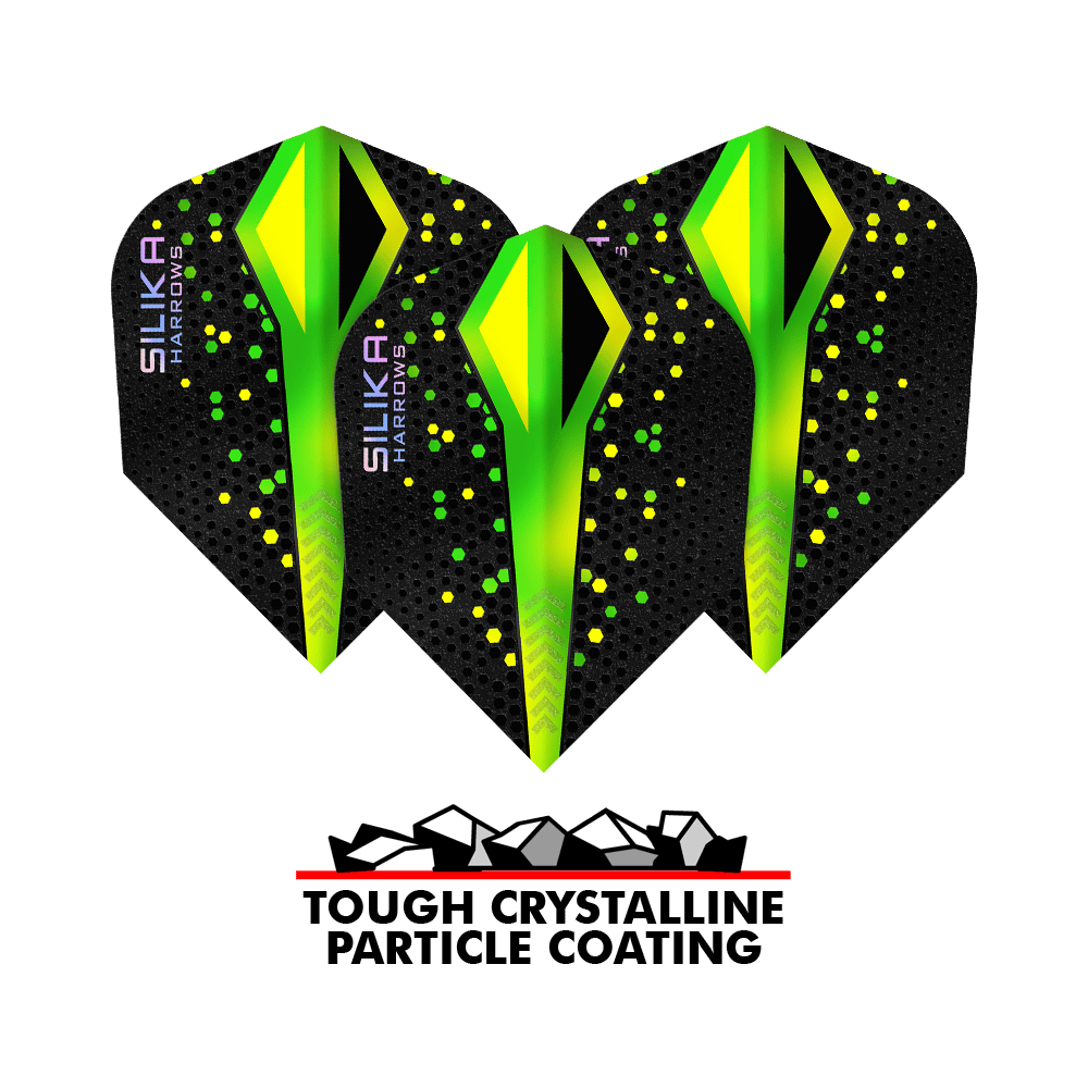 Powłoka krystaliczna Harrows Silika Colourshift Tough Crystalline Coating Green No6 Flights Das Bild zeigt drei Harrows Silika Colourshift Tough Crystalline Coating Green No6 Flights mit schwarzem Hintergrund und grünen, gelben Akzenten. Darunter steht ein Logo mit der Aufschrift "Tough Crystalline Particle Coating".