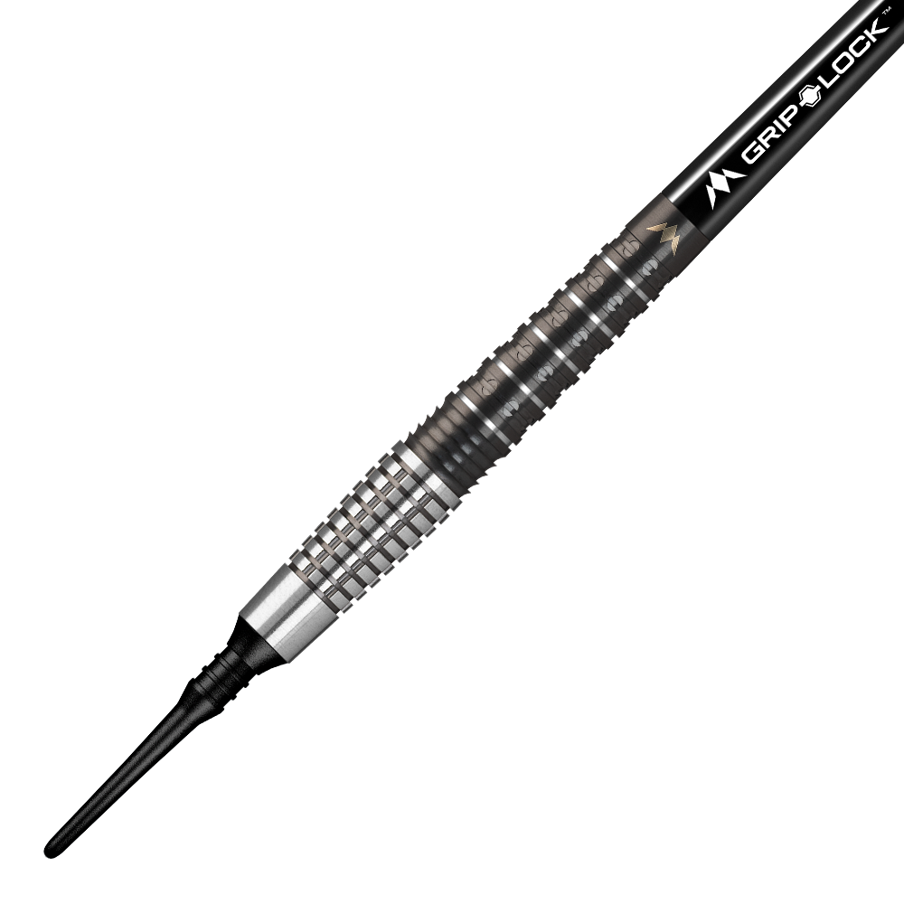 Dies ist der Mission Makara M2 Softdart mit einem Gewicht von 20g. Der Dartpfeil hat ein silber-schwarzes Design mit strukturiertem Griffbereich und einer schwarzen Kunststoffspitze.