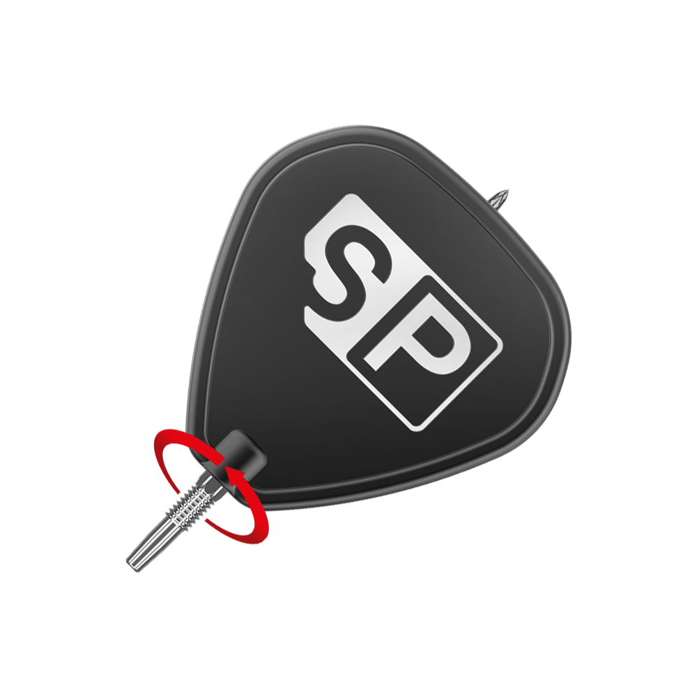 Końcówki do darta Target Swiss Point DX - srebrne Das Bild zeigt eine schwarze Dart-Flügel mit der weißen Aufschrift "SP". Am unteren Ende ist eine silberne Dartspitze angebracht, um die ein roter Pfeil eine Drehbewegung anzeigt.