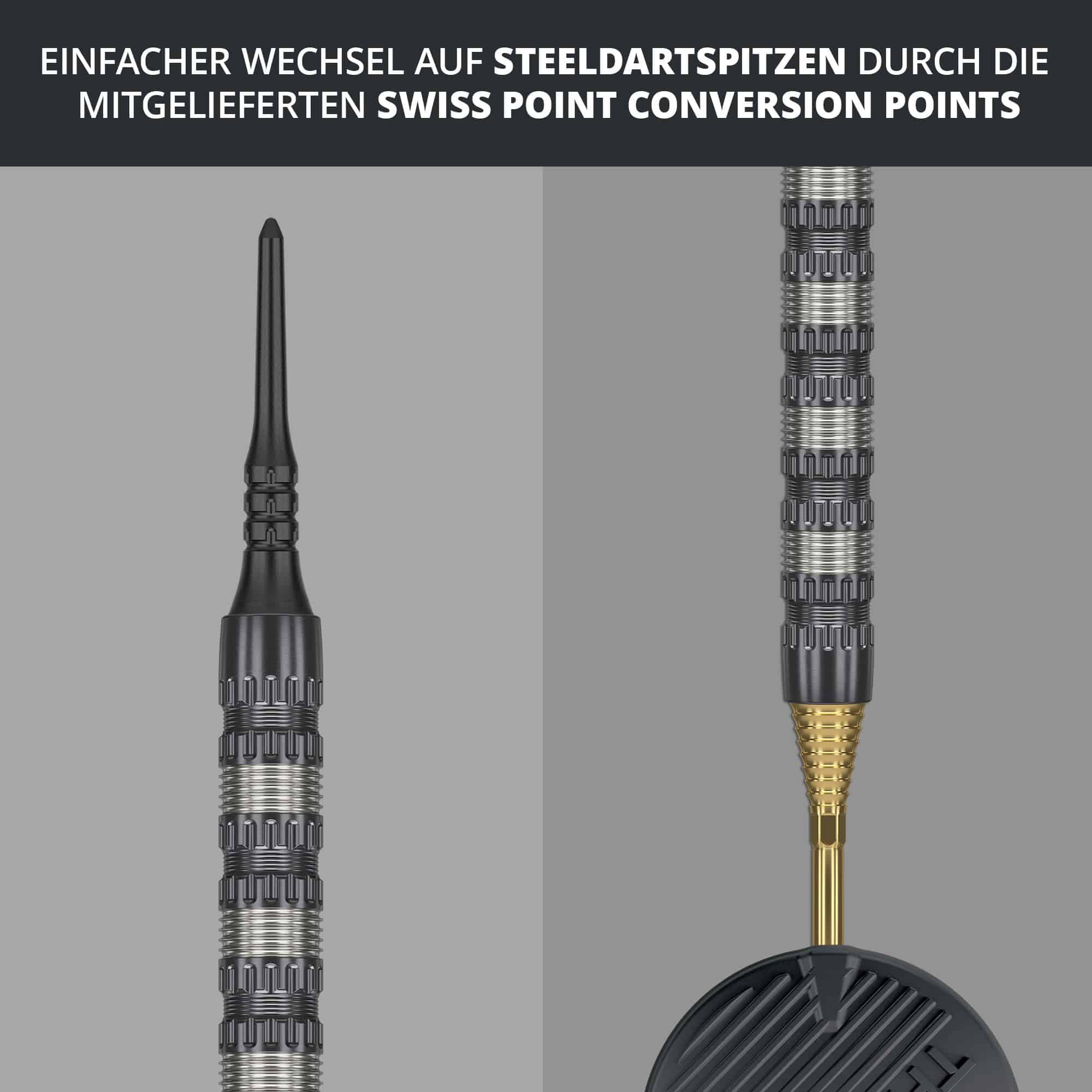 Lotki miękkie Target Rob Cross 95K Swiss Point – 18 g Das Bild zeigt den Target Rob Cross 95K Swiss Point Softdart mit 18g Gewicht. Es wird darauf hingewiesen, dass ein einfacher Wechsel auf Steeldartspitzen durch die mitgelieferten Swiss Point Conversion Points möglich ist.