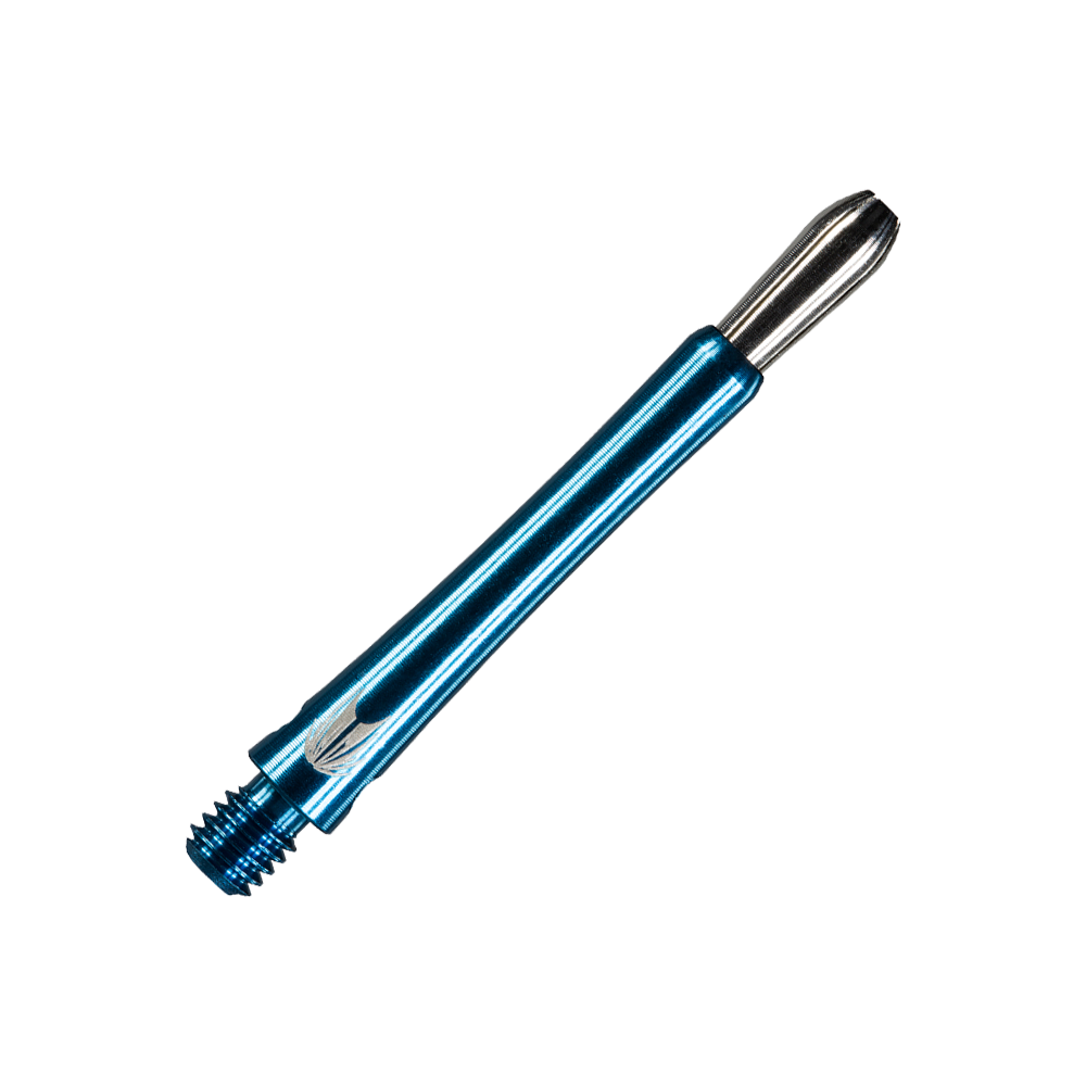 Das Bild zeigt einen Target Grip Style Aluminium Schaft in Blau. Der Schaft hat ein glänzendes, metallisches Design und ist für Dartpfeile geeignet.
