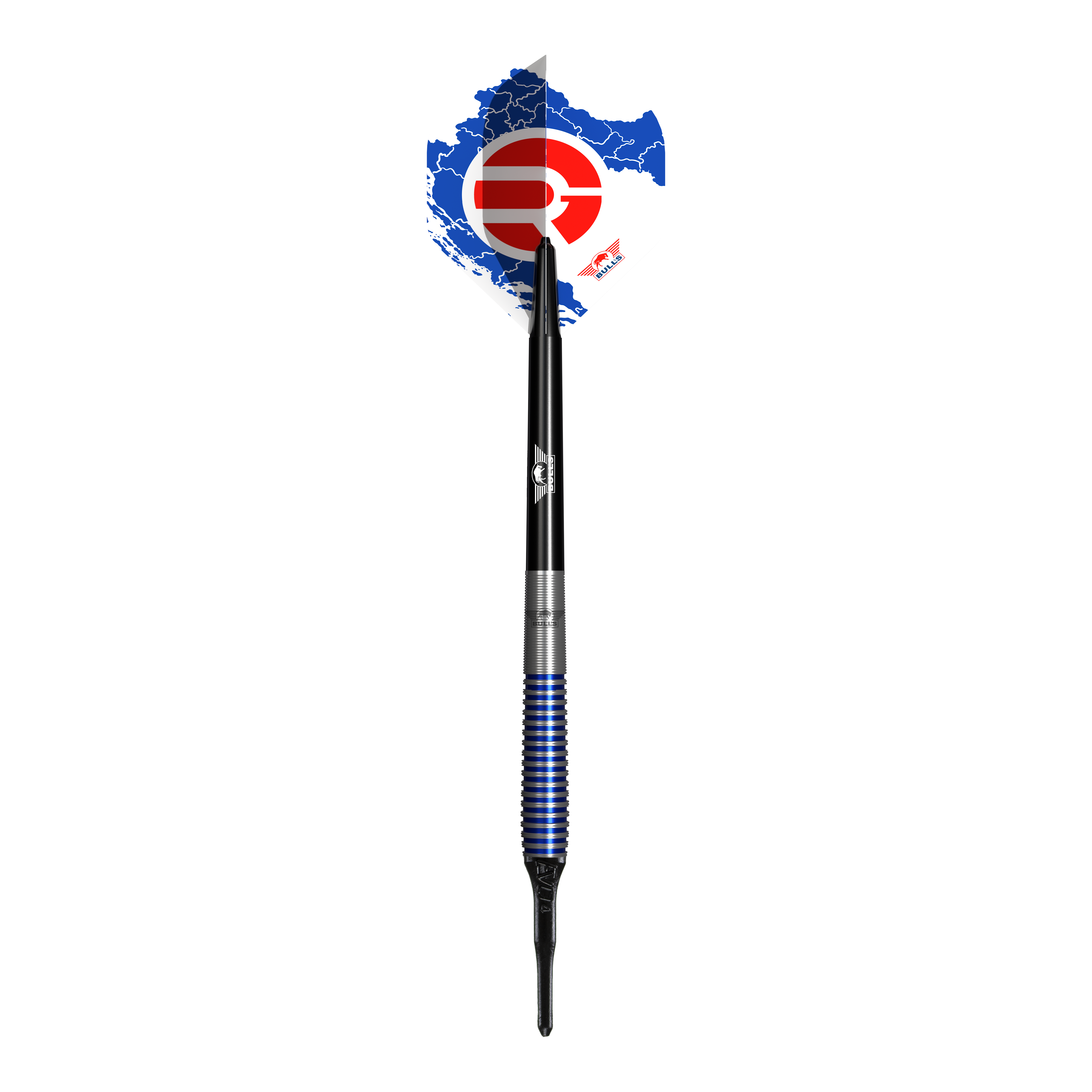 Bulls NL Romeo Grbavac miękkie lotki - 19g Das Bild zeigt einen Softdart namens "Bulls NL Romeo Grbavac Softdarts- 19g". Der Dart hat ein markantes Design mit blauen und silbernen Ringen am Griff sowie einer schwarz-weißen Flights mit roten und blauen Akzenten.