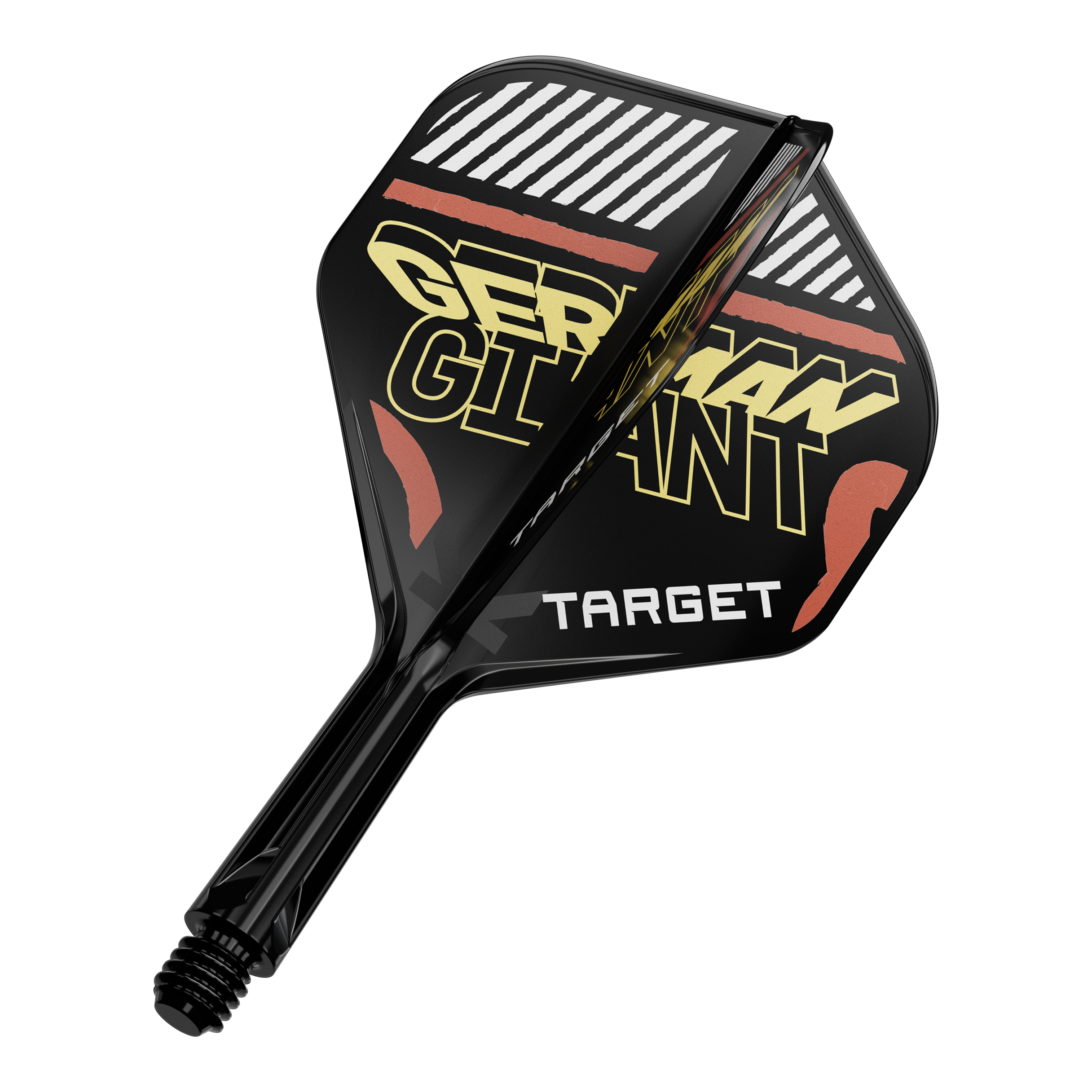 System wałów lotniczych Target K-Flex Gabriel Clemens No2 Standard Das Bild zeigt eine schwarze Dartflügel- und Schaftkombination mit der Aufschrift "GERMAN GIANT" und "TARGET". Die Farben sind hauptsächlich Schwarz, Gelb und Rot.