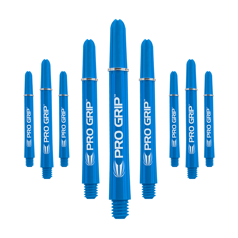 Das Bild zeigt neun blaue Dartschäfte mit der Aufschrift "PRO GRIP". Die Schäfte sind in drei Gruppen angeordnet und jeweils identisch.
