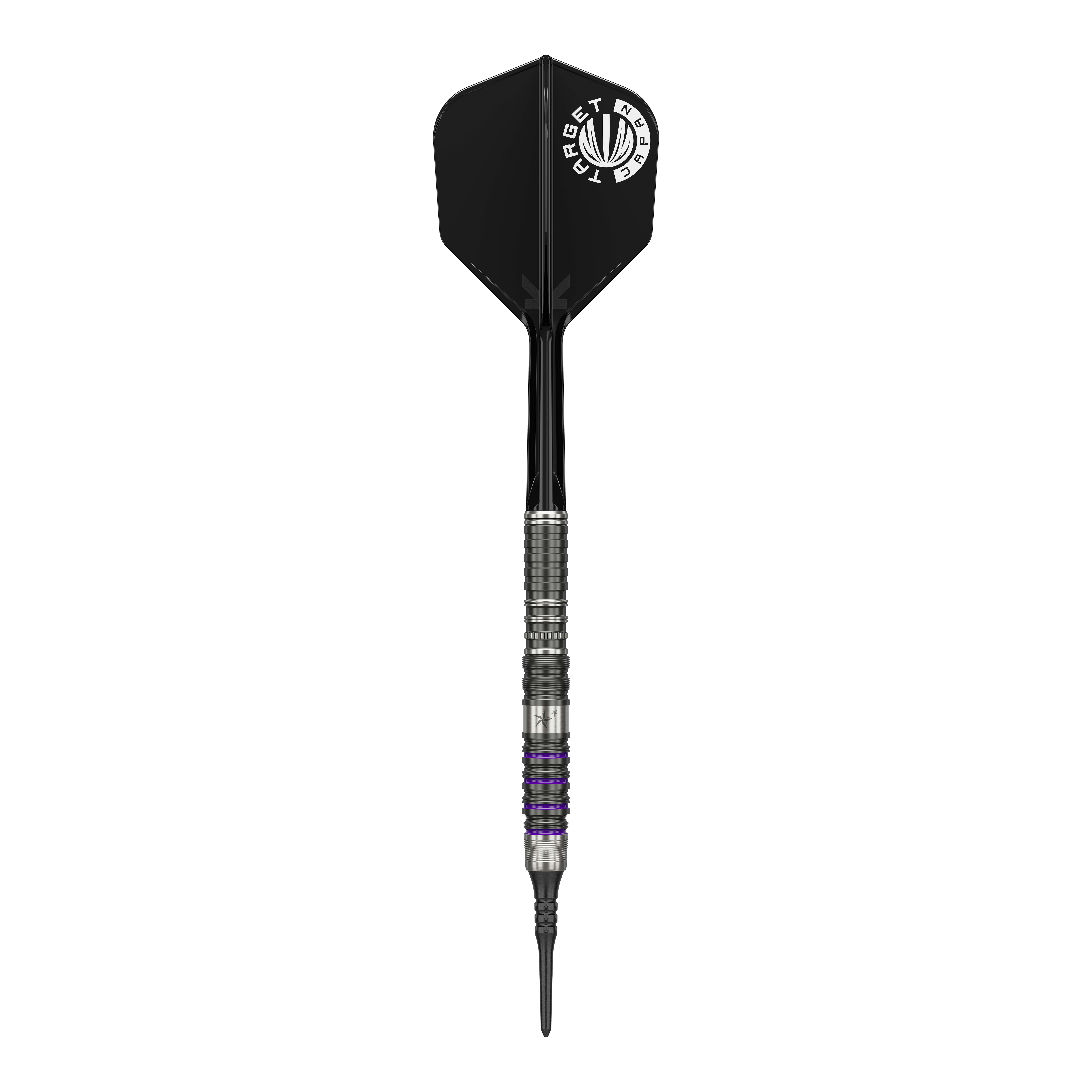 Das Bild zeigt einen Softdart aus der Target Japan Prime Series, Modell Yuta Hayashi Sirius GEN3 MAX mit einem Gewicht von 21,5g. Der Dart hat ein silbernes Griffstück mit schwarzen und lila Akzenten sowie eine schwarze Flight mit weißem Aufdruck.