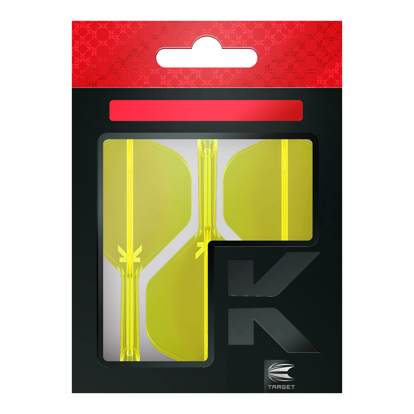 System lotu Target K-Flex No2 Standard – neonowożółty Das Bild zeigt eine Packung mit neon-gelben Dart-Flights der Marke Target. Die Verpackung ist überwiegend schwarz mit einem auffälligen roten Bereich am oberen Rand.