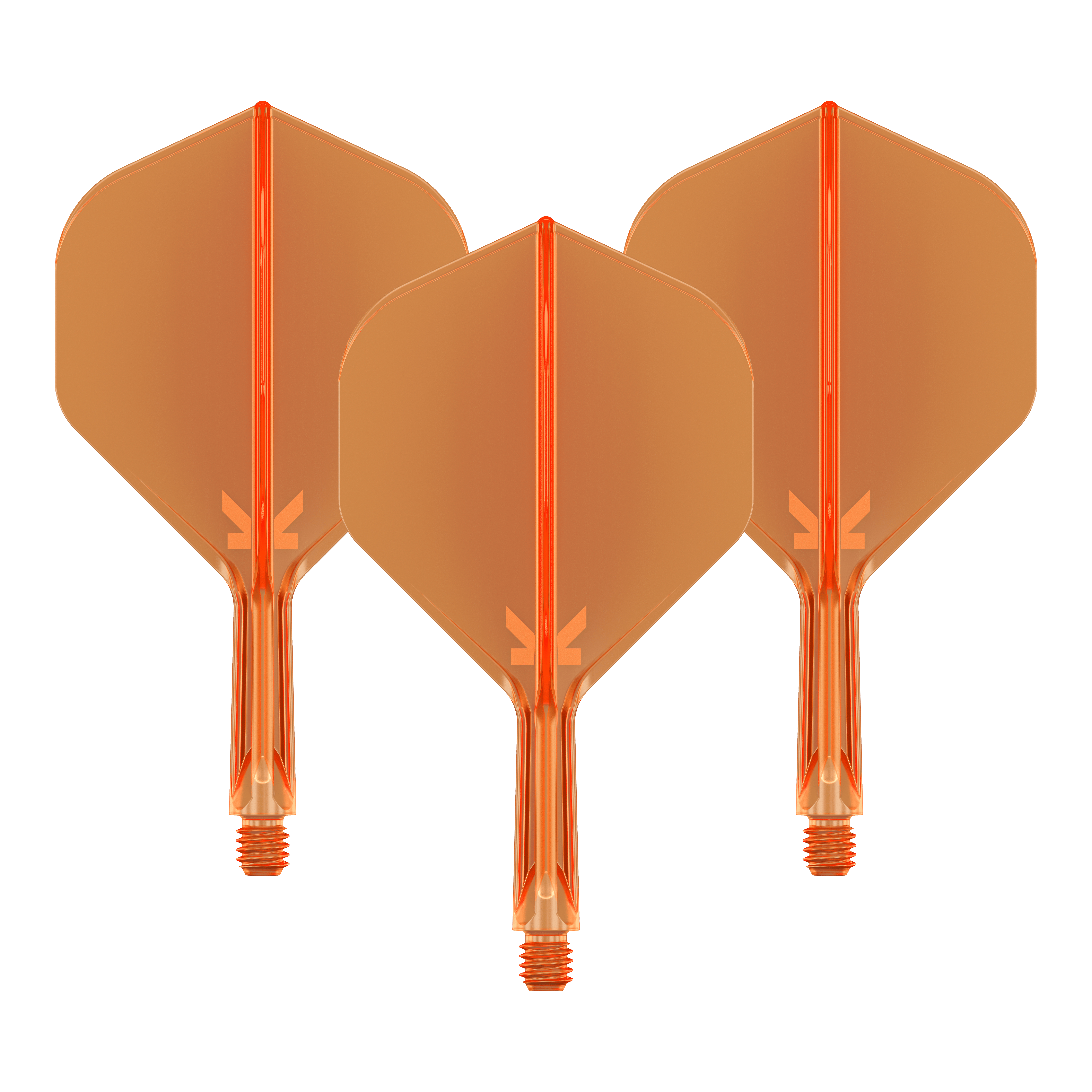System lotu Target K-Flex No2 Standard – neonowopomarańczowy Das Bild zeigt drei neonorange Dartflights mit Shafts. Sie sind in einer Reihe nebeneinander angeordnet und haben eine transparente Optik.