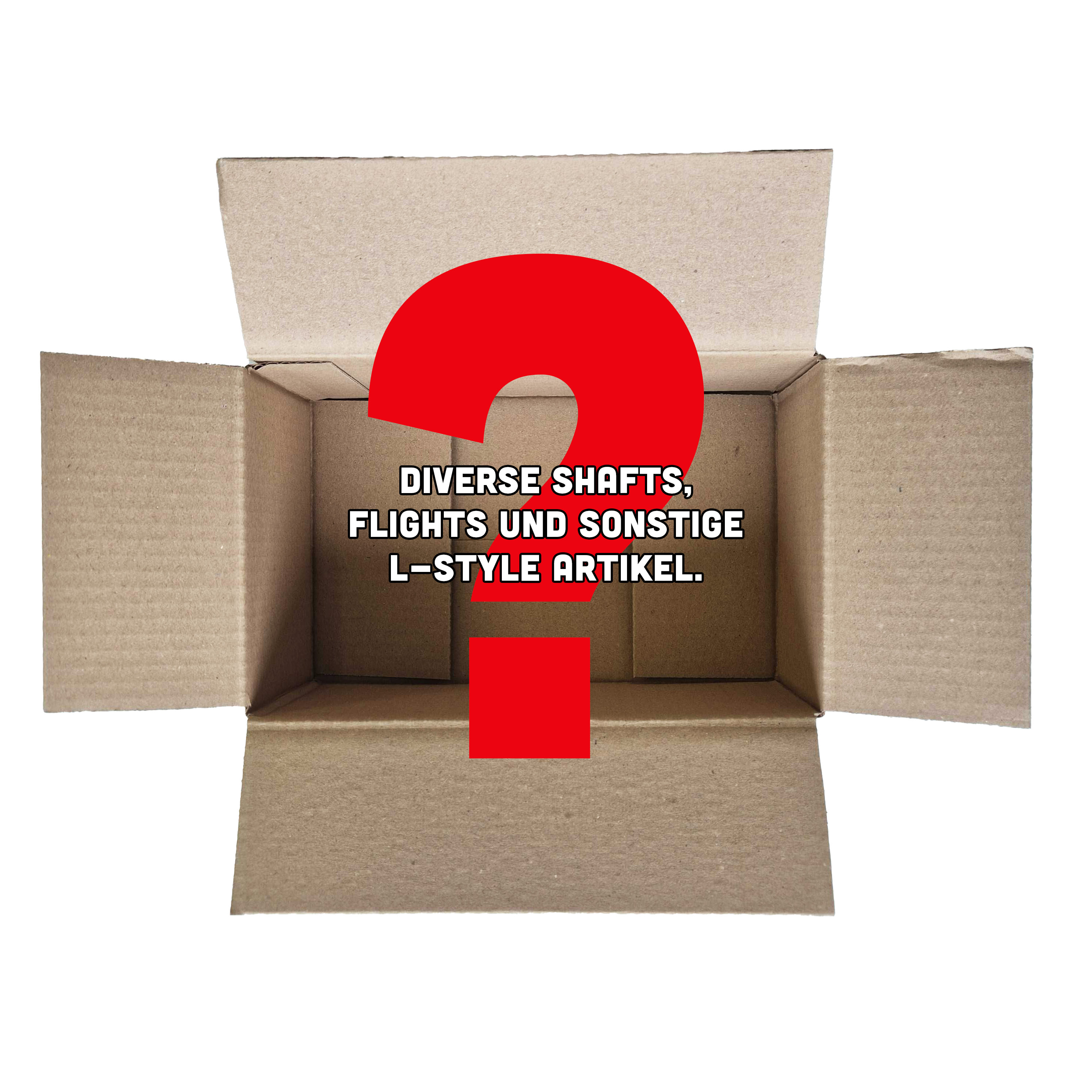 McDart Mystery Box - w stylu L Das Bild zeigt einen offenen Karton mit einem großen roten Fragezeichen darin. In der Mitte steht der Text: "Diverse Shafts, Flights und sonstige L-Style Artikel."
