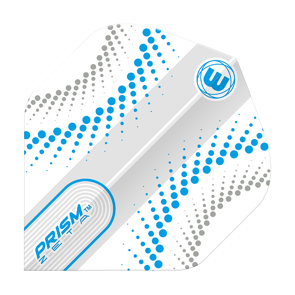 Das Bild zeigt ein weiß-blaues Dart-Flight mit dem Namen "Winmau Prism Zeta Circles". Das Design besteht aus blauen und grauen Punkten sowie dem Aufdruck "PRISM ZETA".