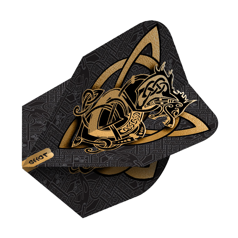 Shot Viking Wolf nr 6 Flights Das Bild zeigt die Shot Viking Wolf No6 Flights mit einem eindrucksvollen goldenen Wikinger-Wolf-Design auf schwarzem Hintergrund. Die Flights sind mit detailreichen, nordisch inspirierten Mustern verziert.