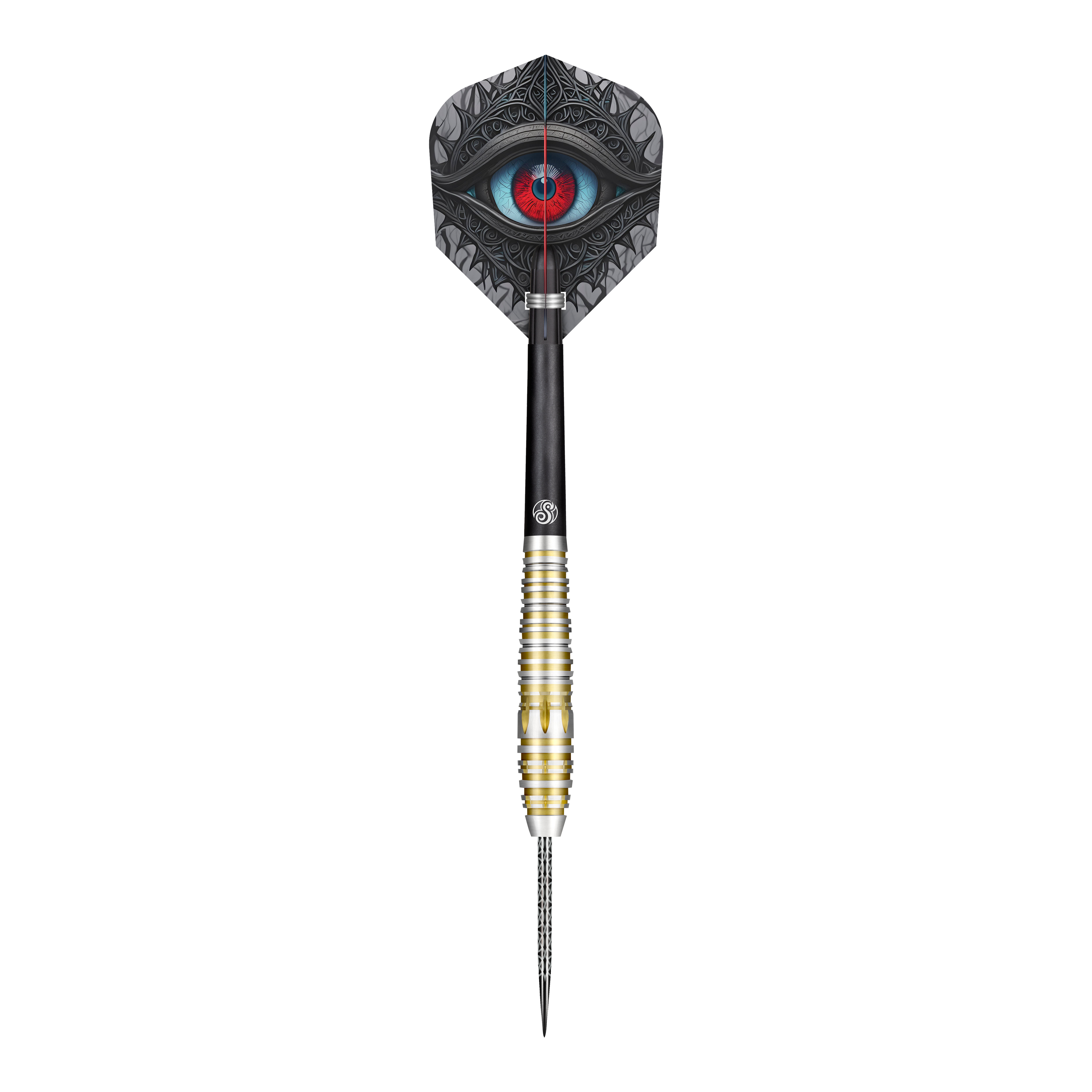 Shot Celta Balora Steeldarts Dieses Bild zeigt einen Steeldartpfeil des Produkts "Shot Celt Balor Steeldarts". Auf dem Flight ist ein auffälliges Auge in blauen und roten Farbtönen abgebildet.