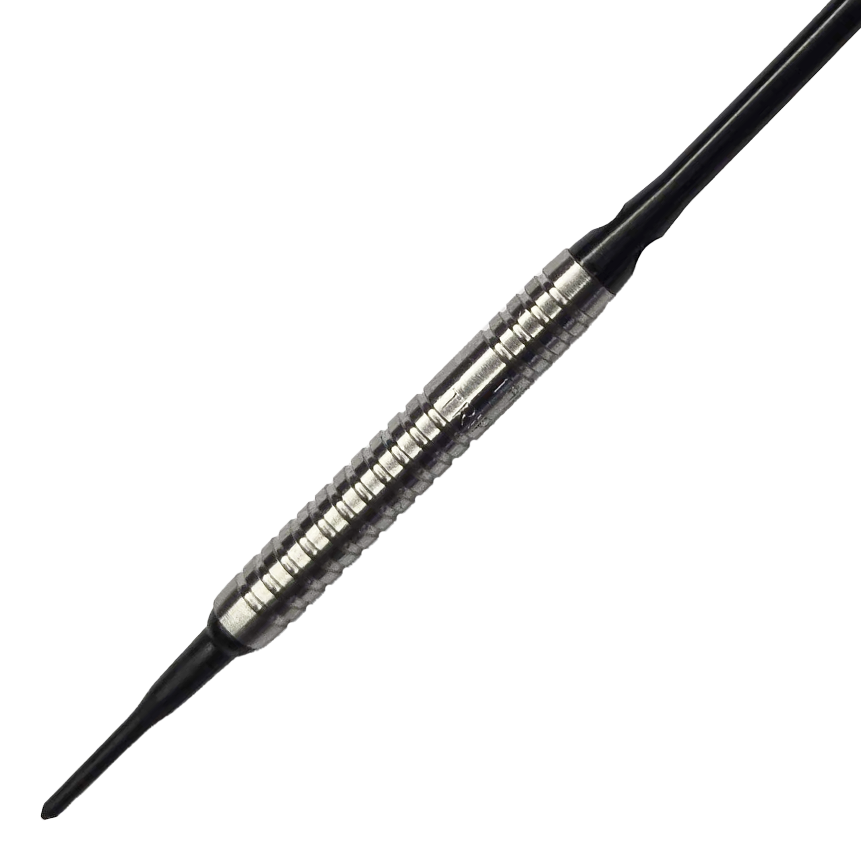 Lotki McDart 85 Tungsten V5 Soft Darts - 16g Das Bild zeigt einen McDart 85er Tungsten V5 Softdart mit einem Gewicht von 16g. Der Dartpfeil hat einen silbernen, geriffelten Barrel und schwarze Spitzen.