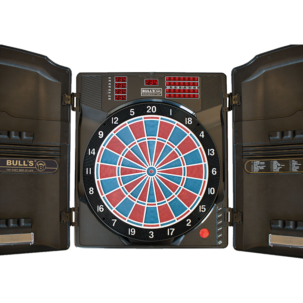 67990_Bulls_Master-Score_RB_Elektronik_Dartboard_1 Das Bild zeigt das Bulls Masterscore RB Elektronik Dartboard mit geöffneten Türen. Das Dartboard hat ein digitales Display und farbige Segmente in Blau, Rot und Weiß.
