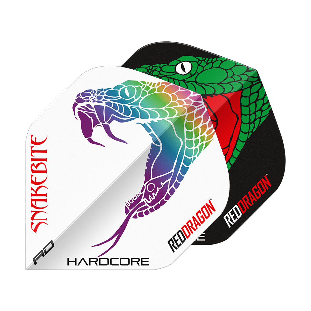 Red Dragon Peter Wright Ukąszenie Węża Czarno-Białe Yin Yang Standardowe Loty Das Bild zeigt zwei Dart-Flights mit auffälligen Schlangenmuster-Designs in Schwarz und Weiß. Auf beiden Flights stehen die Wörter "Snakebite" und "Red Dragon".