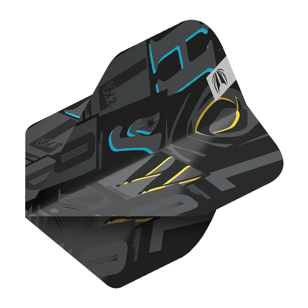 Target Pro Ultra Chris Dobey No2 Standard Flights - 3 Sets Das Bild zeigt ein schwarzes Dartflight mit modernen grafischen Mustern in Grau, Blau und Gelb. Es handelt sich um das Produkt "Target Pro Ultra Chris Dobey No2 Standard Flights - 3 Sets".