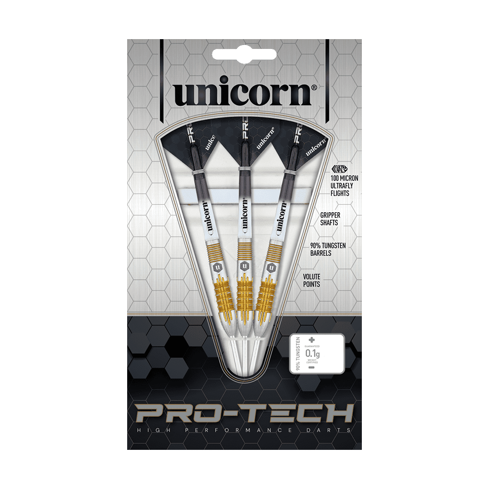 27706_Unicorn_Pro-Tech_Style1_Steeldarts_3 Auf dem Bild ist eine Verpackung mit drei Steeldarts der Marke Unicorn zu sehen. Die Darts sind Teil der Pro-Tech-Serie und bestehen aus 90% Wolfram.