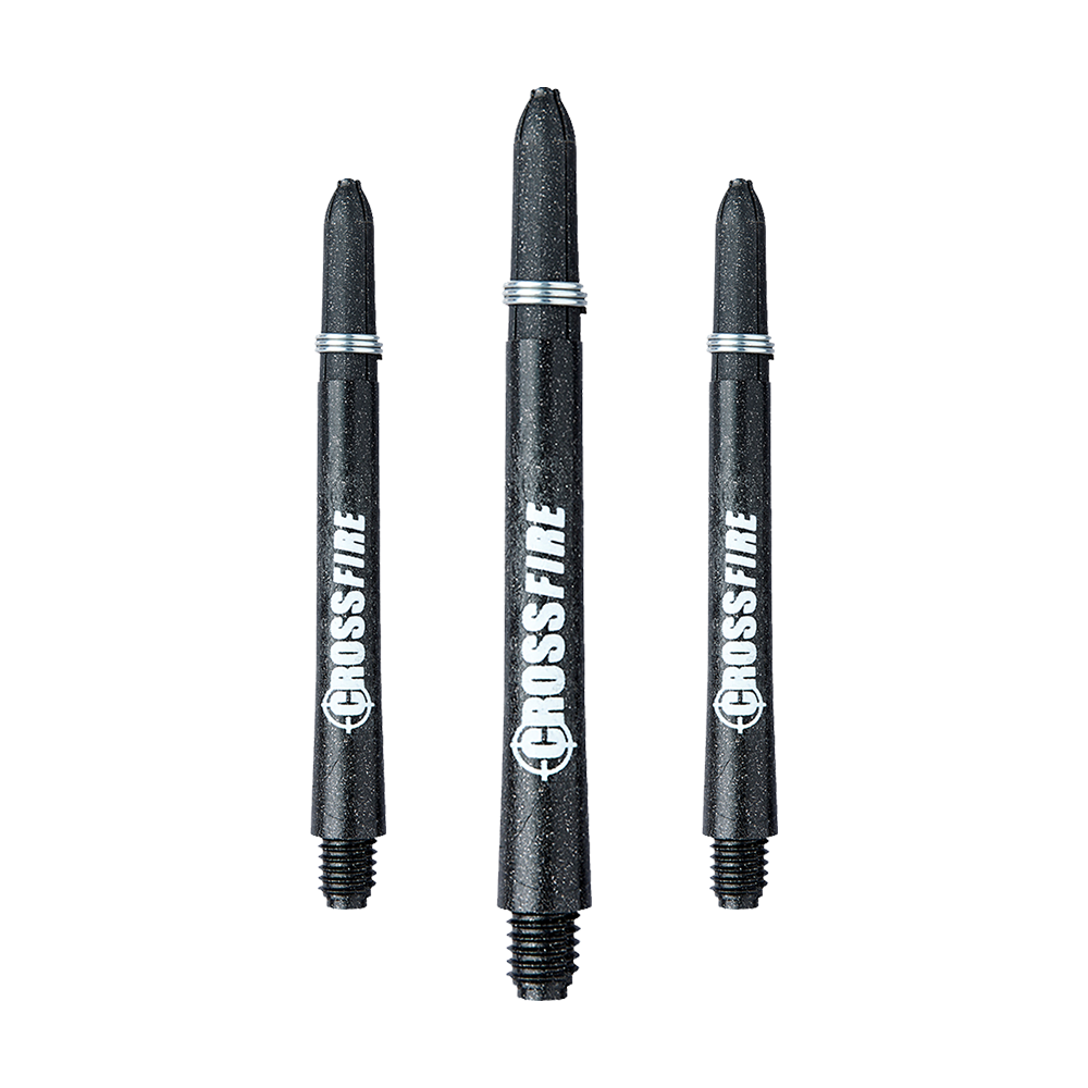 Das Bild zeigt drei RedDragon Crossfire Carbon Fibre Shafts für Darts. Sie sind schwarz und haben das Wort "CROSSFIRE" weiß aufgedruckt.