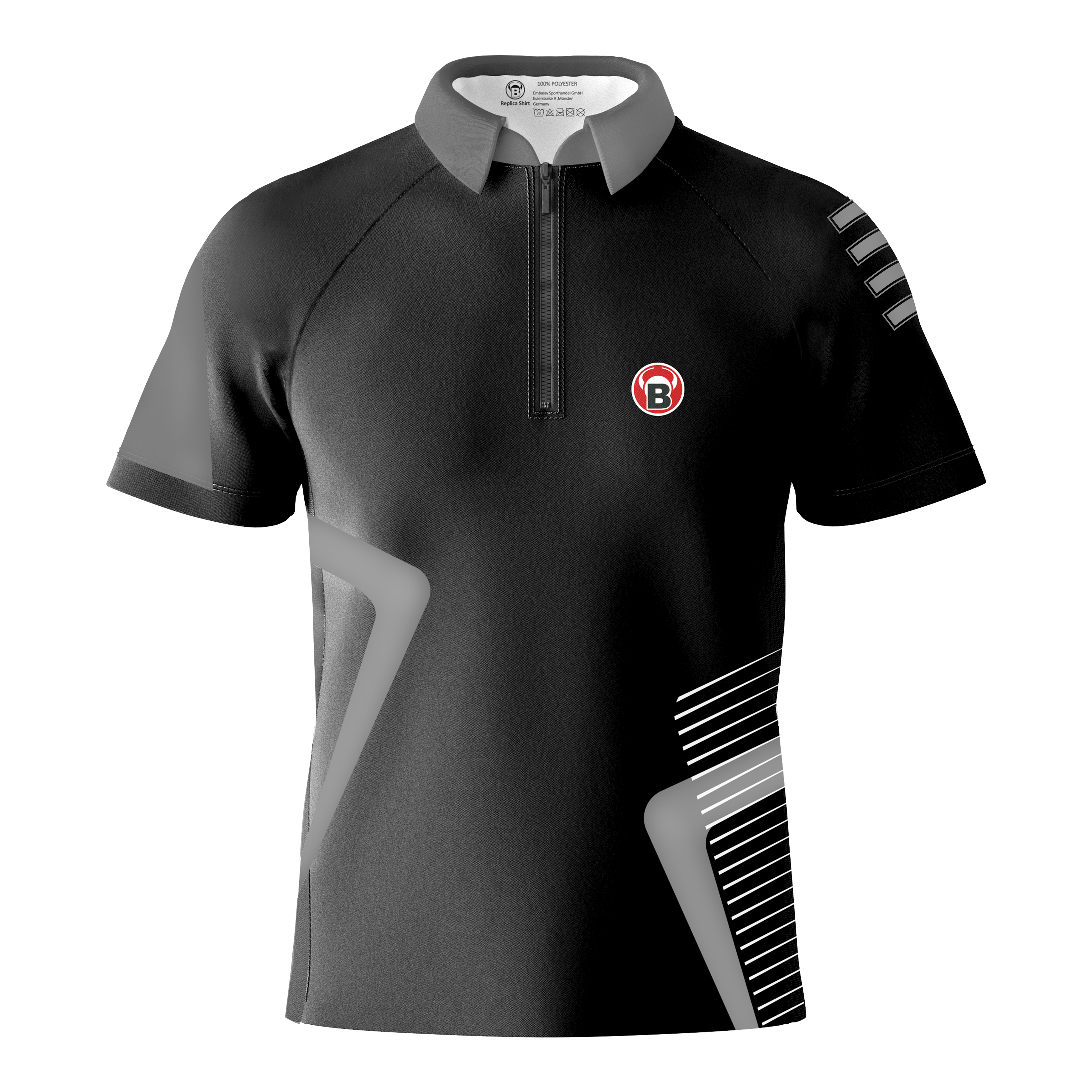 Koszulka Bulls Team Dart - Szara Das Bild zeigt das Produkt "Bulls Team Dartshirt - Grau". Das Dartshirt ist überwiegend grau und schwarz mit modernen Mustern und einem kleinen Bulls-Logo auf der Brust.