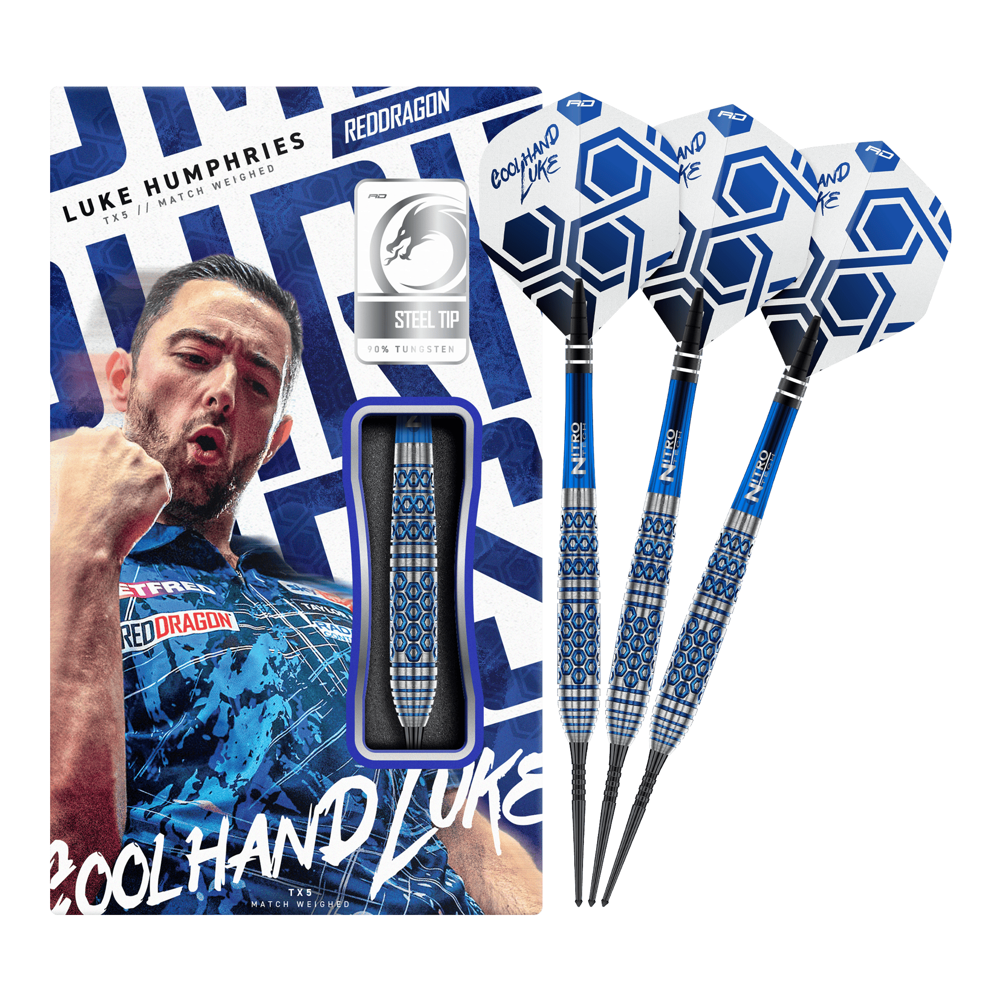 Stalowe lotki Red Dragon Luke Humphries TX5 Auf dem Bild ist das vollständige Set der Red Dragon Luke Humphries TX5 Steeldarts zu sehen. Die Steeldarts werden in ihrer Gesamtheit präsentiert.