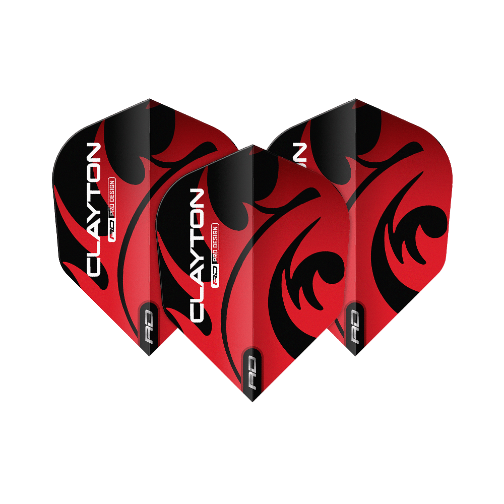Czerwony Smok Jonny Clayton Red Black No6 Flights Auf dem Bild sind drei Dartflights des Produkts "Red Dragon Jonny Clayton Red Black No6 Flights" zu sehen. Die Flights sind rot-schwarz gestaltet und tragen den Aufdruck "CLAYTON".