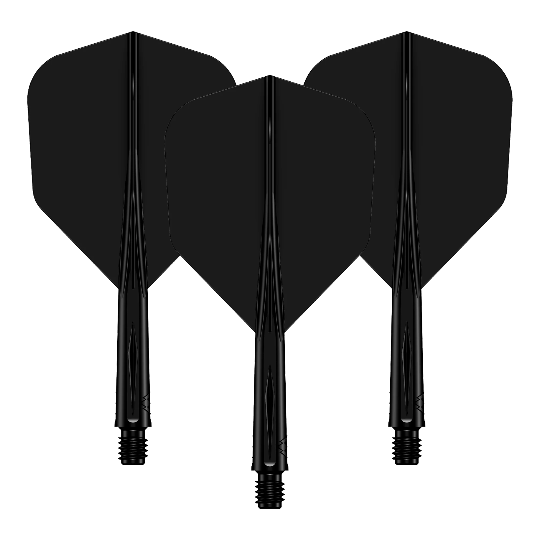 Mission Force 90 No6 Flight Shaft System - Czarny Das Bild zeigt drei schwarze Dartflights mit passenden Dartschäften. Sie sind hintereinander angeordnet und haben eine glänzende Oberfläche.