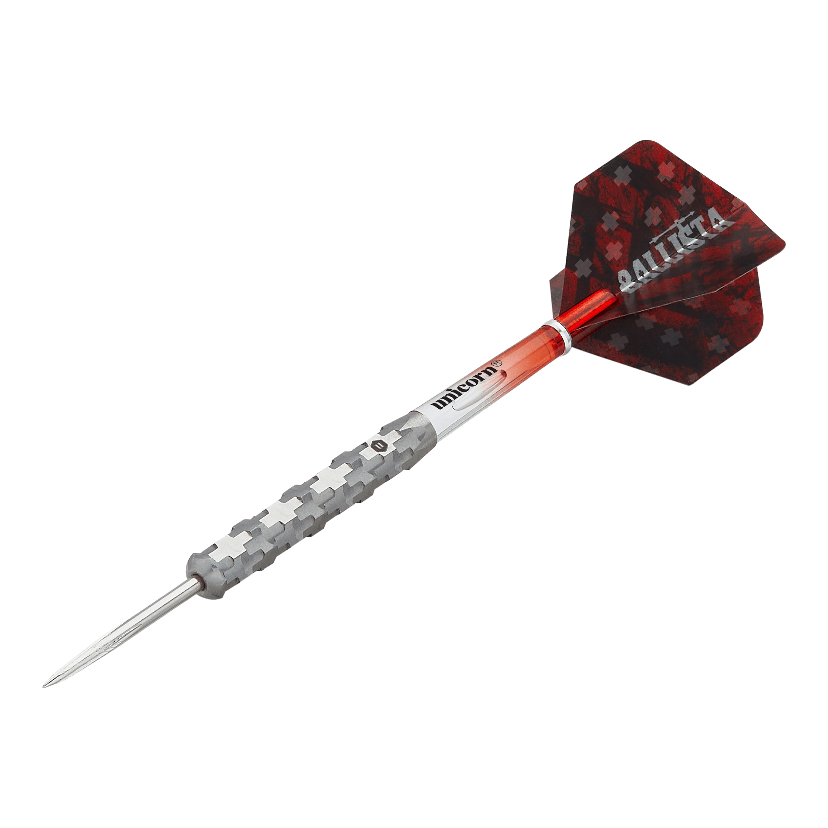 Stalowe lotki Unicorn Ballista Style 1 Dies ist ein Steeldart aus der Produktreihe "Unicorn Ballista Style 1". Er hat einen silbernen, strukturierten Schaft und rote Flights mit Muster.