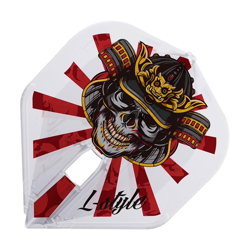Das Bild zeigt ein Dartflight mit einem auffälligen Samurai-Schädel-Design in Schwarz, Rot und Gelb. Im Hintergrund sind rote Strahlen auf weißem Grund sowie der Schriftzug „L-Style“ zu sehen.