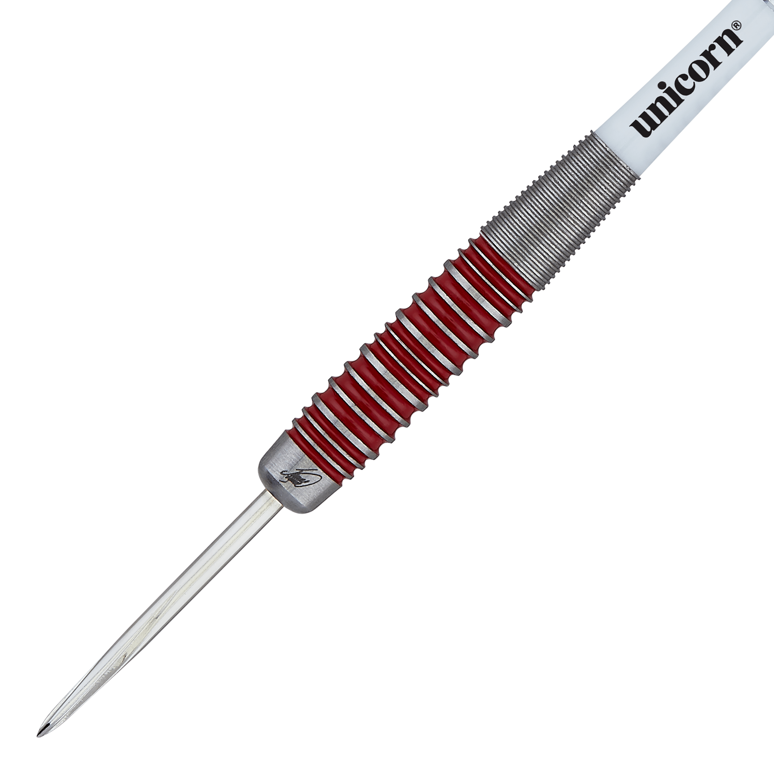 Unicorn The Machine James Wade 90% stalowe rzutki Das Bild zeigt einen Steeldartpfeil der Marke Unicorn aus der "The Machine James Wade 90%" Serie. Der Dart hat ein silbernes und rotes Griffstück sowie eine weiße Schaft mit dem Schriftzug "unicorn".