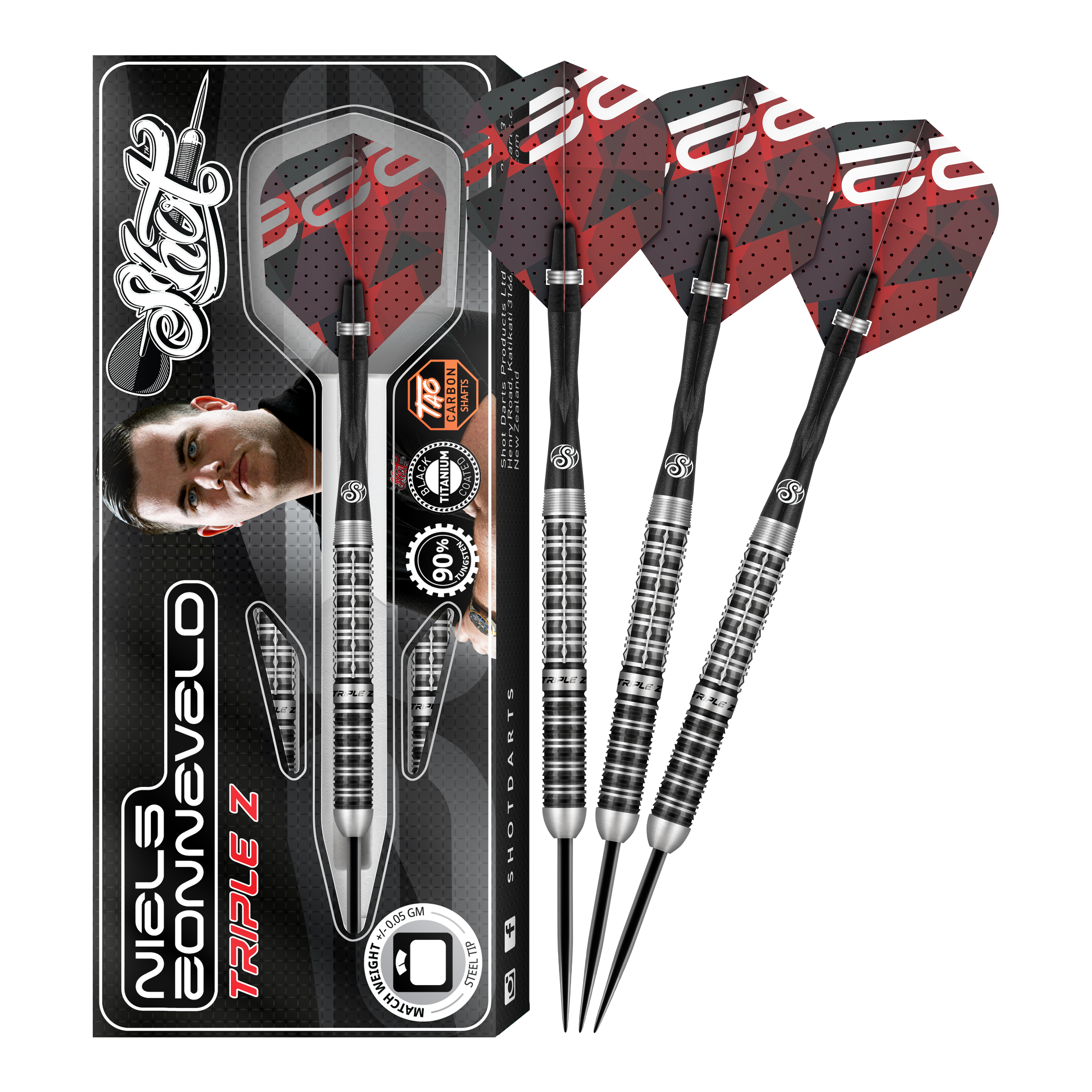 Strzelaj stalowymi rzutkami Niels Zonneveld V2 Das Bild zeigt das Produkt "Shot Niels Zonneveld V2 Steeldarts" samt Verpackung und vier Steeldarts. Die Darts haben ein silber-schwarzes Design mit roten Flights.